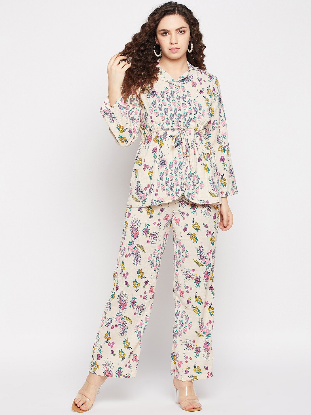 

Fashfun Floral Printed Shawl Collar Neck Shirt With Trouser Co-Ords, Off white