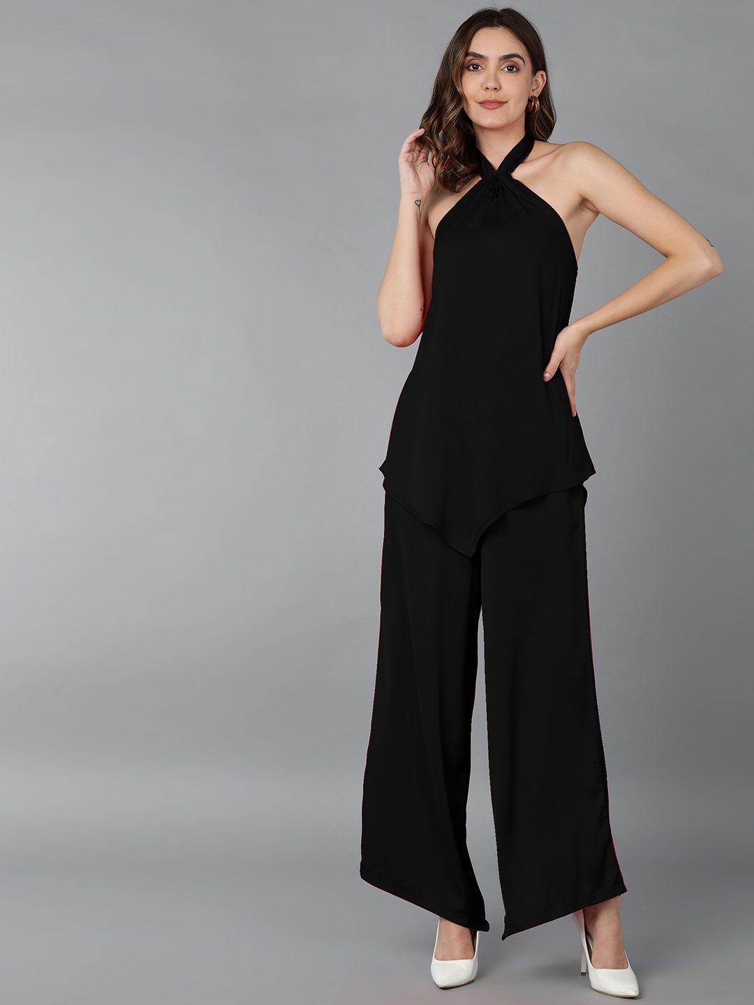 

Fashfun Tie-Up Neck Top With Palazzos Co-Ords, Black
