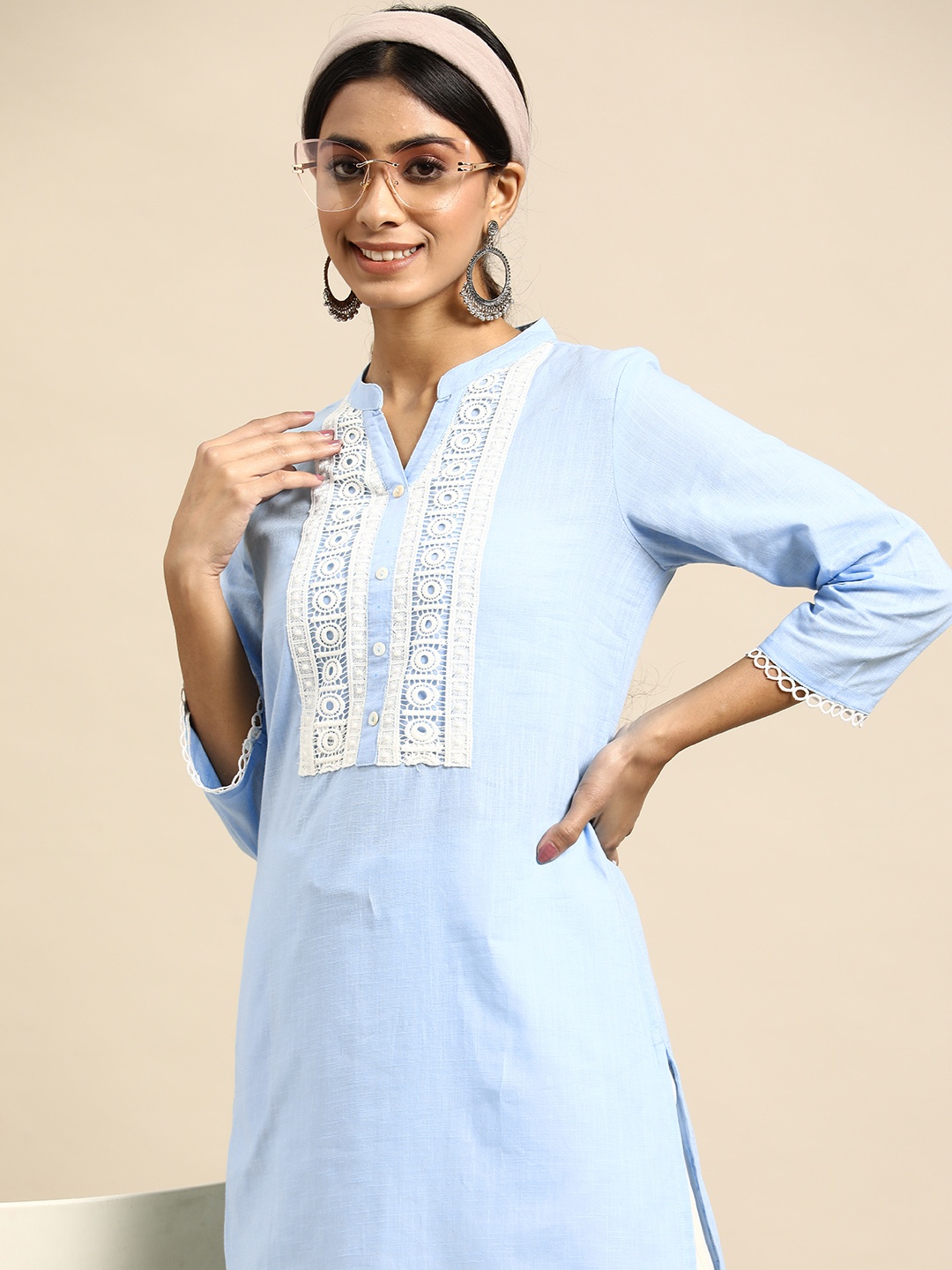 

Sangria Geometric Yoke Design Thread Work Pure Cotton Kurta, Blue