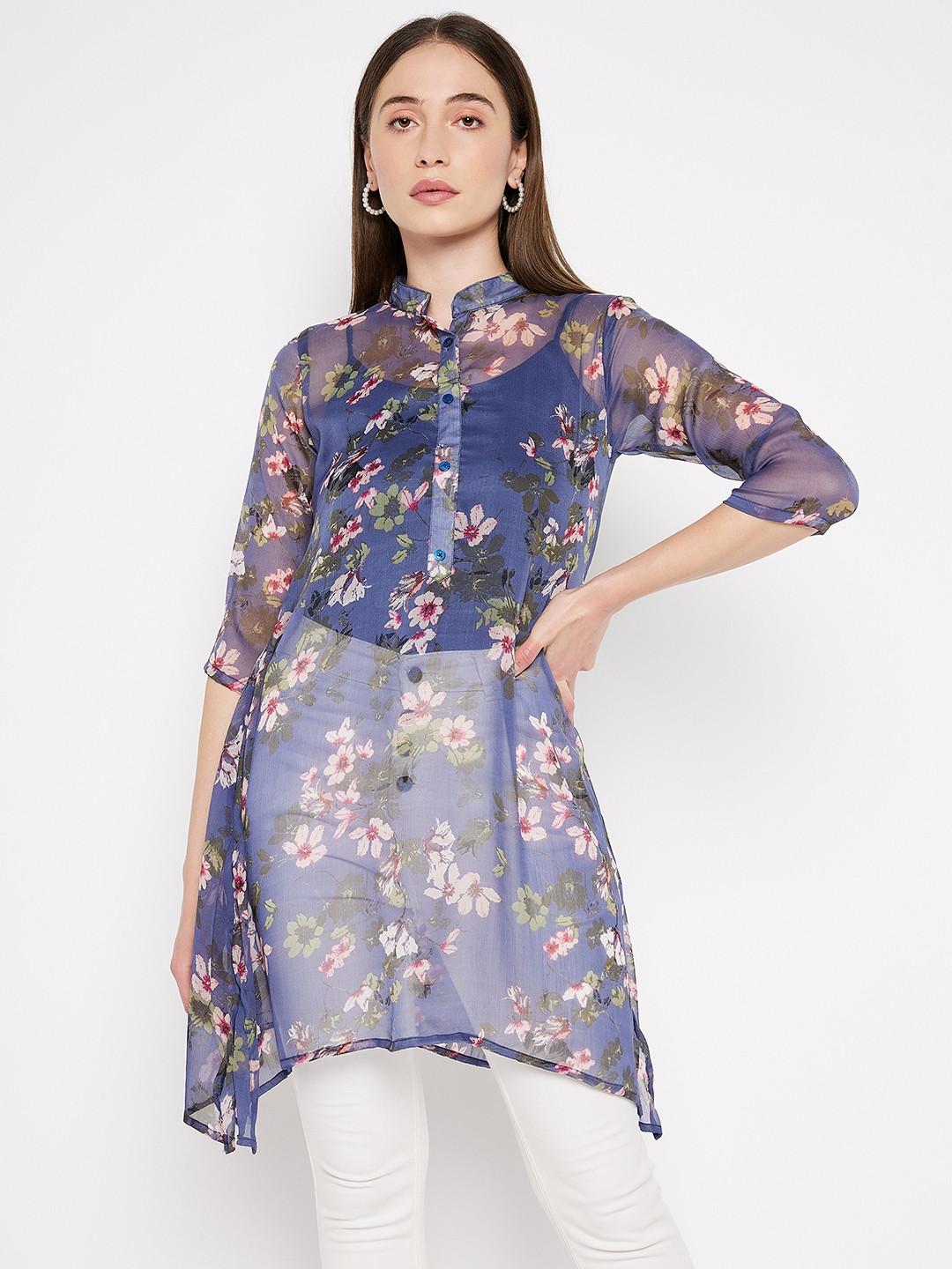 

Fashfun Floral Printed Mandarin Collar Chiffon Tunic, Blue