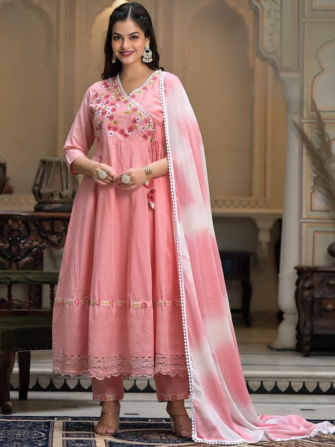 

Sangria Pink Embroidered V-Neck Pure Cotton Anarkali Kurta With Trouser & Dupatta