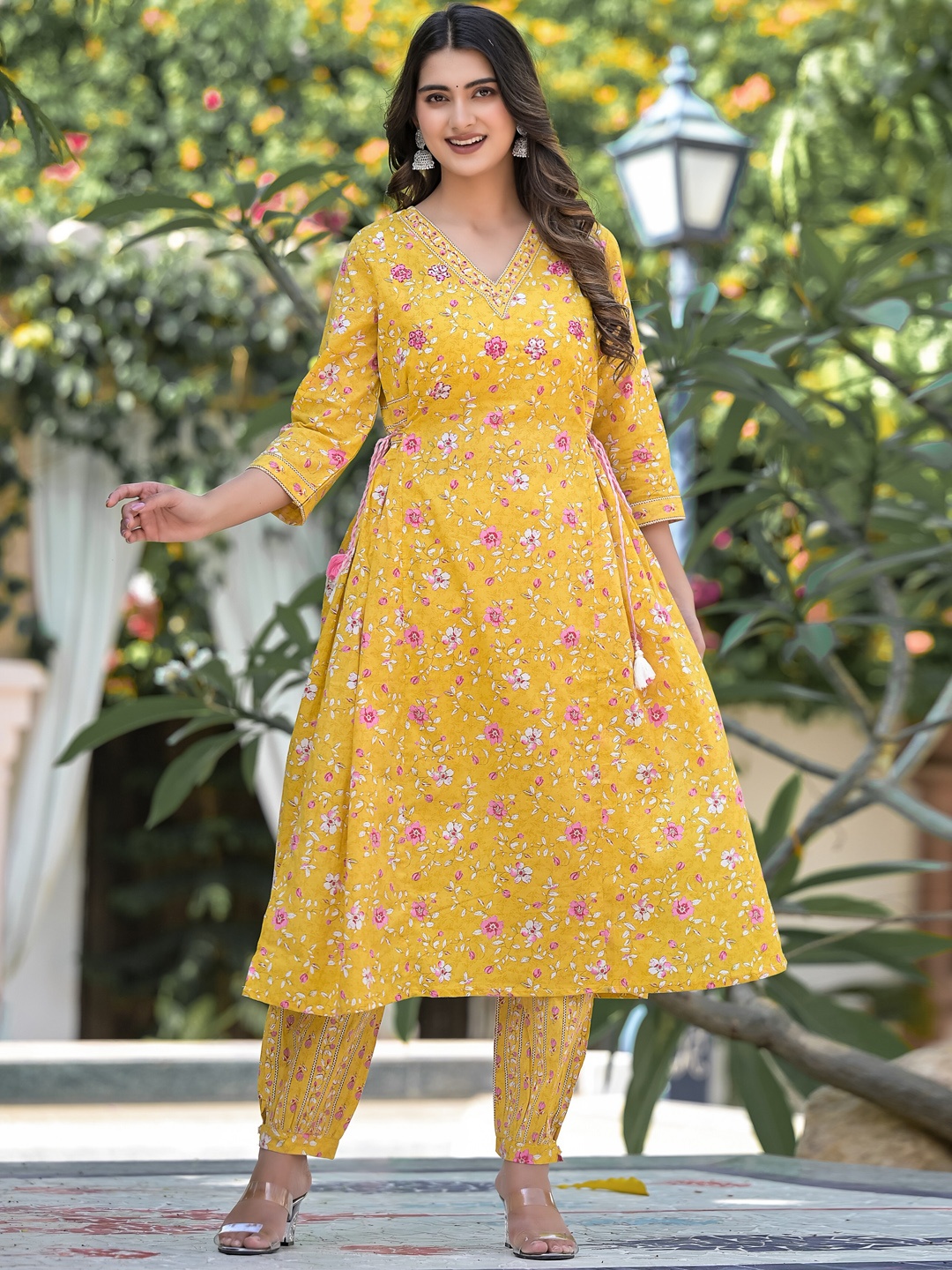 

Sangria Yellow Floral Printed Cotton Anarkali Kurta With Trouser & Dupatta