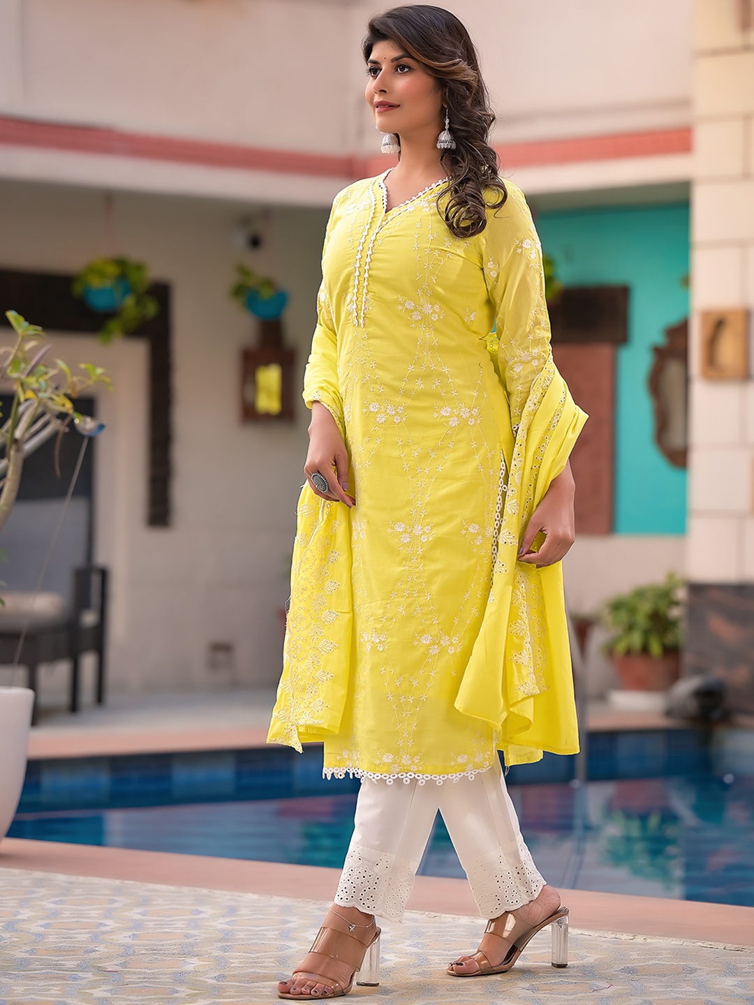 

Sangria Yellow Embroidered Pure Cotton Straight Kurta With Trouser & Dupatta