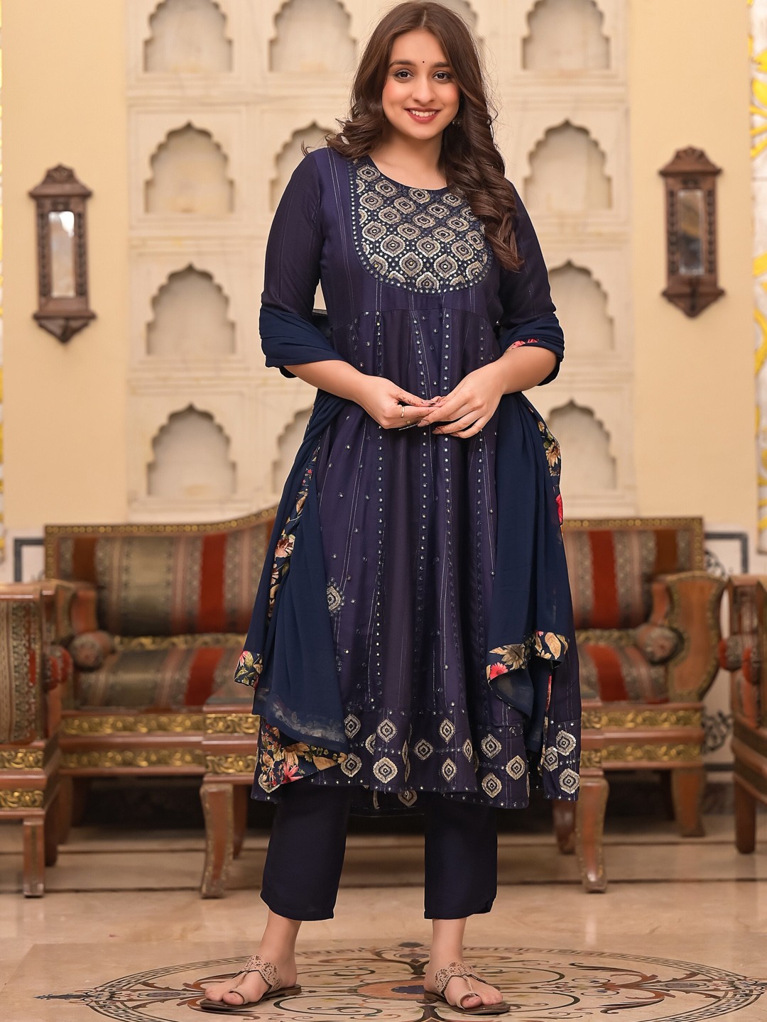

Sangria Blue Embroidered Mirror Work Anarkali Kurta With Trousers & Dupatta