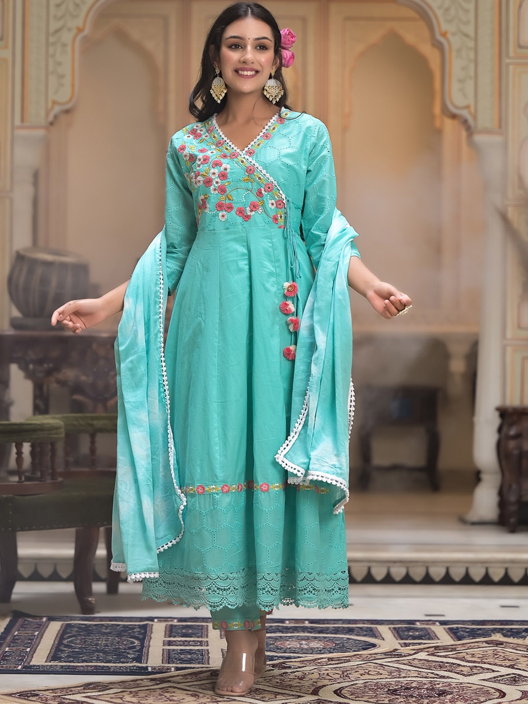 

Sangria Turquoise Blue Embroidered Pure Cotton Anarkali Kurta With Trouser & Dupatta