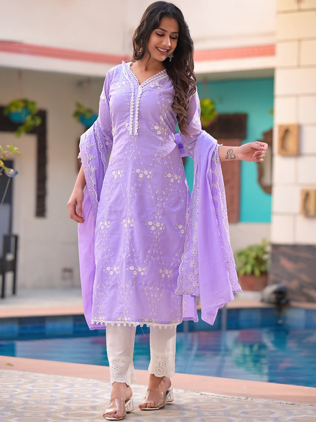 

Sangria Purple Embroidered Pure Cotton Straight Kurta With Trouser & Dupatta