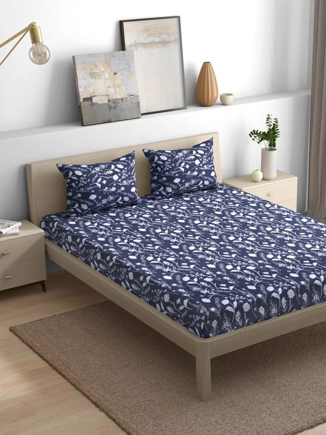

wakefit Navy Blue & White Floral 144 TC Fitted Cotton Queen Bedsheet With 2 Pillow Covers