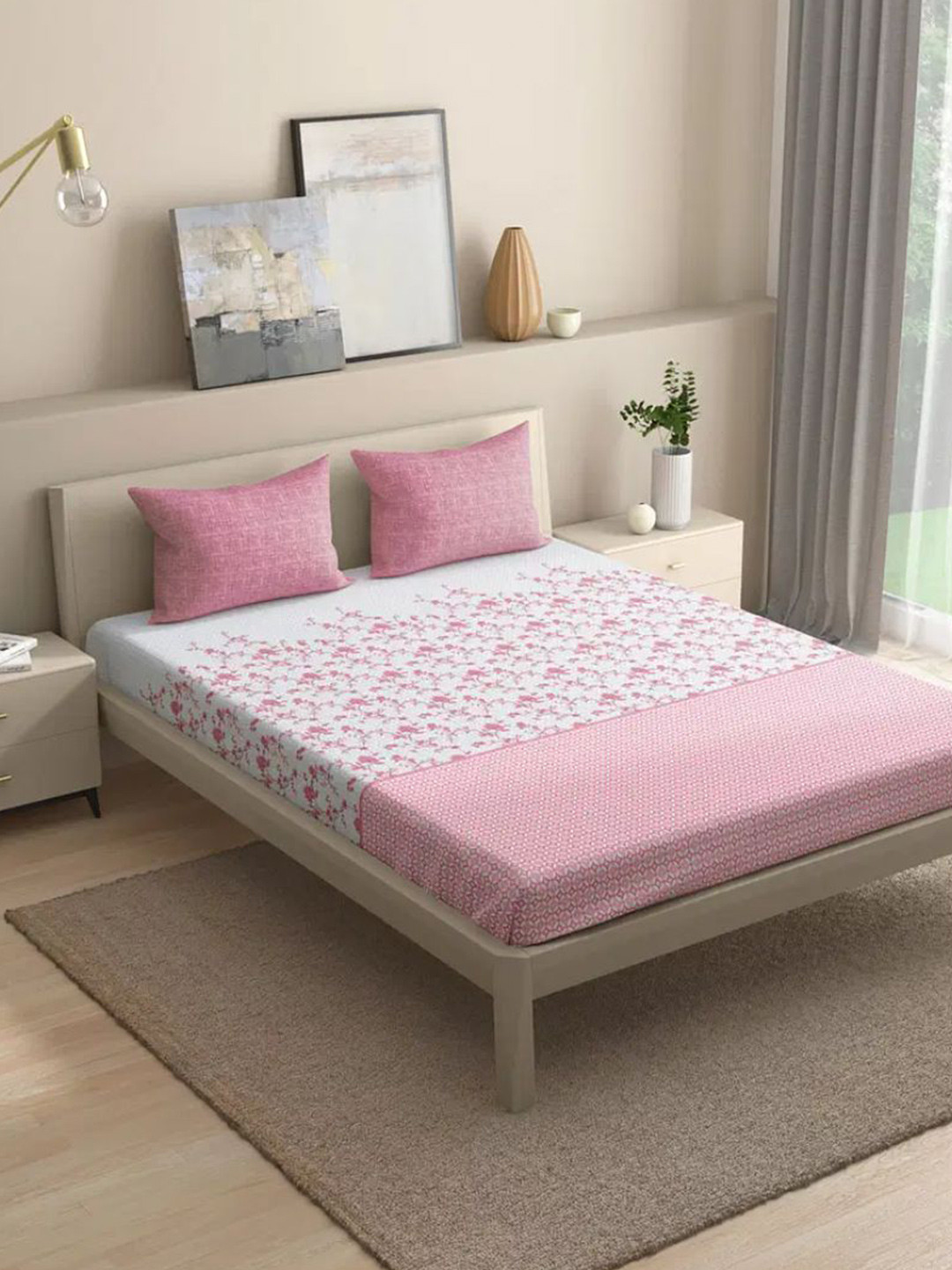 

wakefit Florenza Pink & White Floral 144 TC Fitted Cotton King Bedsheet & 2 Pillow Covers