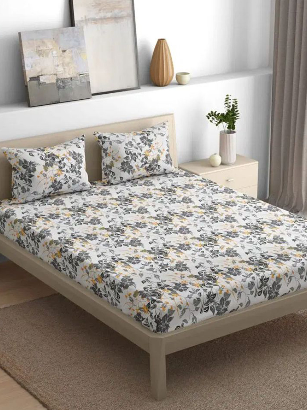 

wakefit Autumn Sunset Grey Floral 144 TC Fitted Cotton King Bedsheet & 2 Pillow Covers