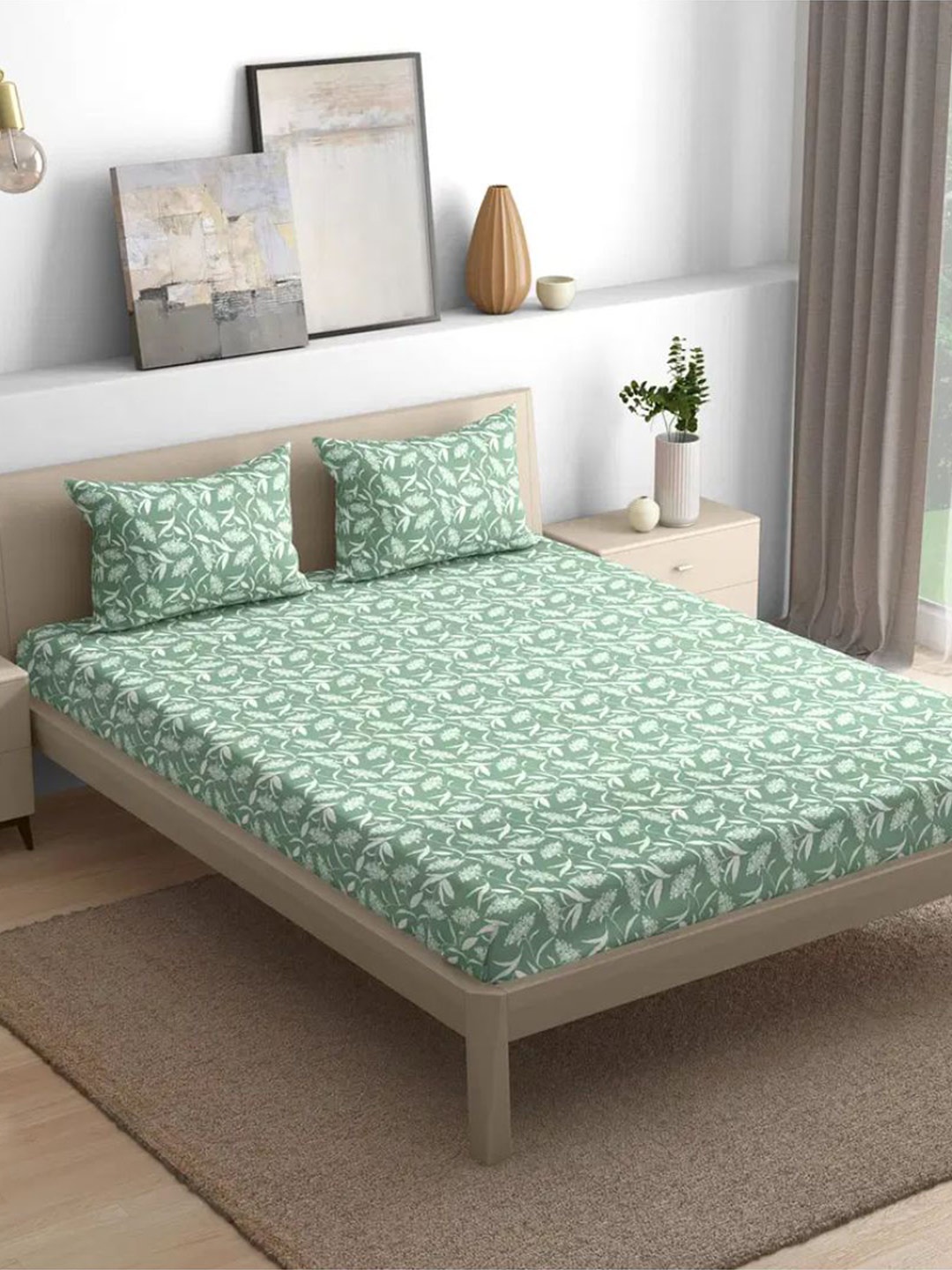 

wakefit Sea Green & White Floral Cotton 144 TC King Bedsheet With 2 Pillow Covers