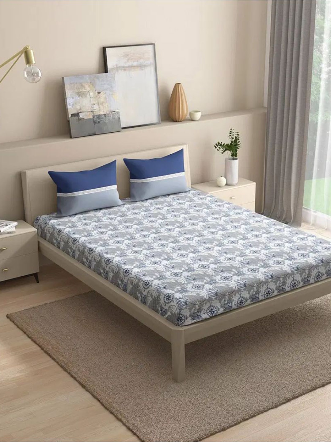 

wakefit Grey & White Printed Cotton 144 TC Queen Bedsheet With 2 Pillow Covers