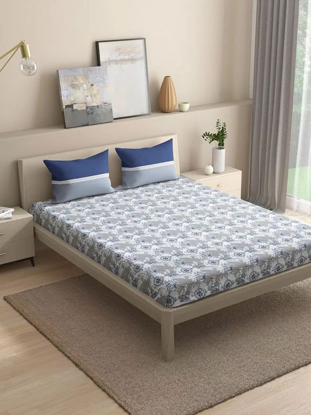 

wakefit Grey & Blue Printed Cotton 144 TC Queen Bedsheet With 2 Pillow Covers