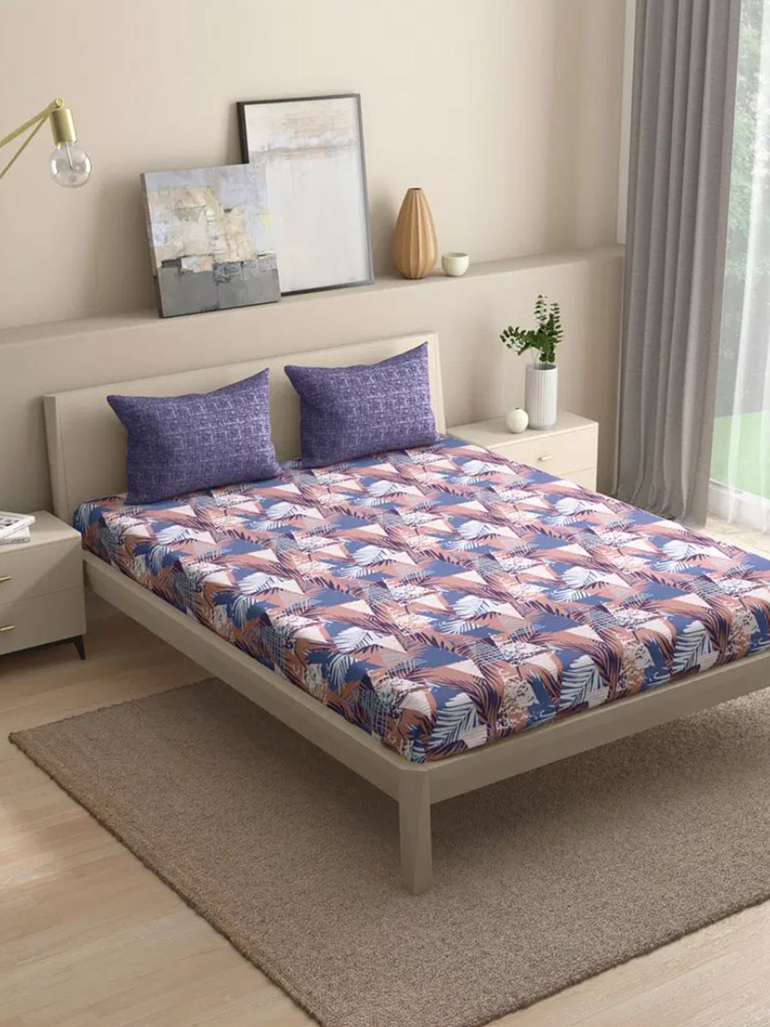 

wakefit Mambo White & Purple 144 TC Fitted Queen Bedsheet & 2 Pillow Covers