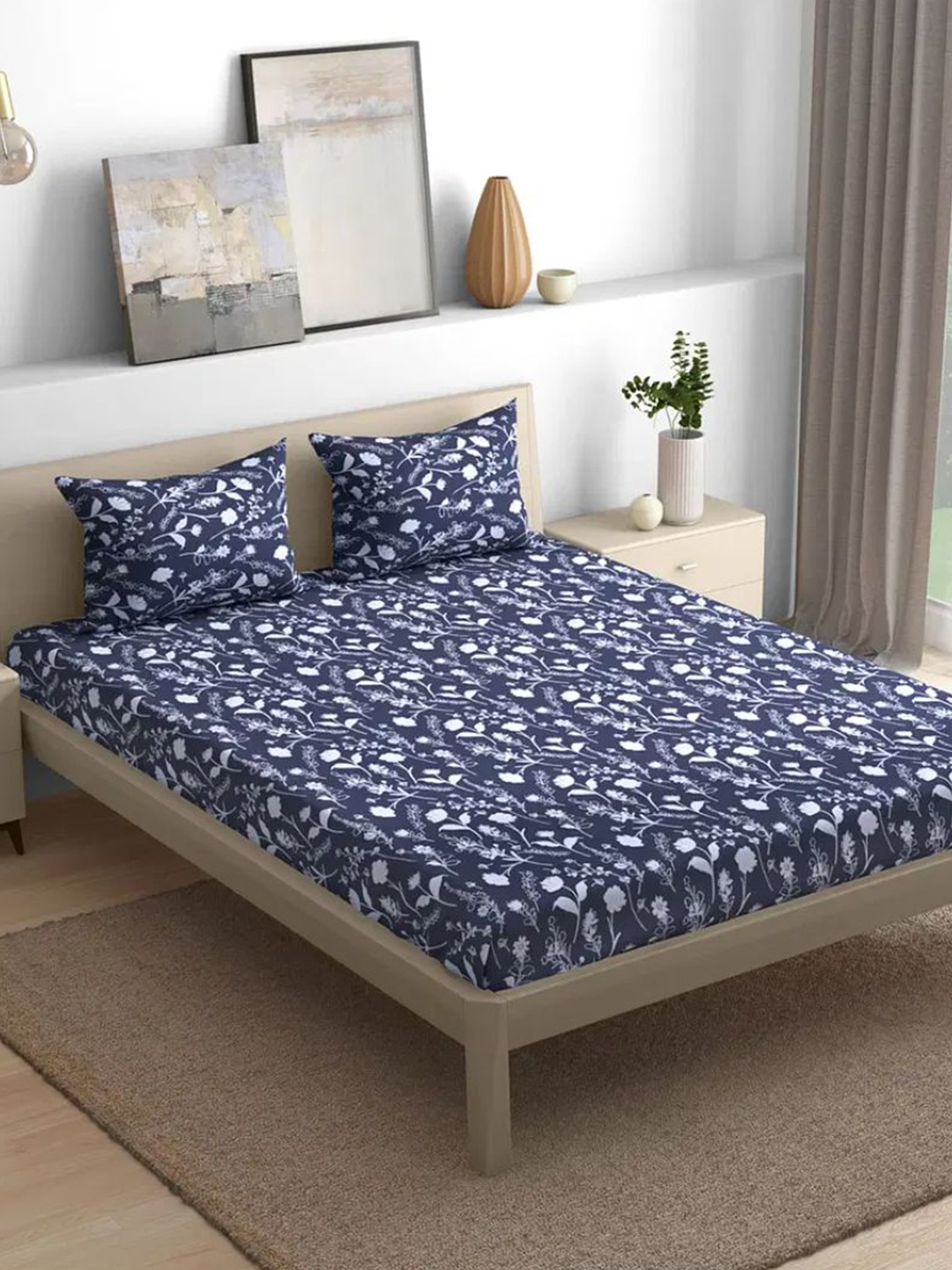

wakefit Navy Blue & White Floral 144 TC Fitted Cotton Queen Bedsheet With 2 Pillow Covers
