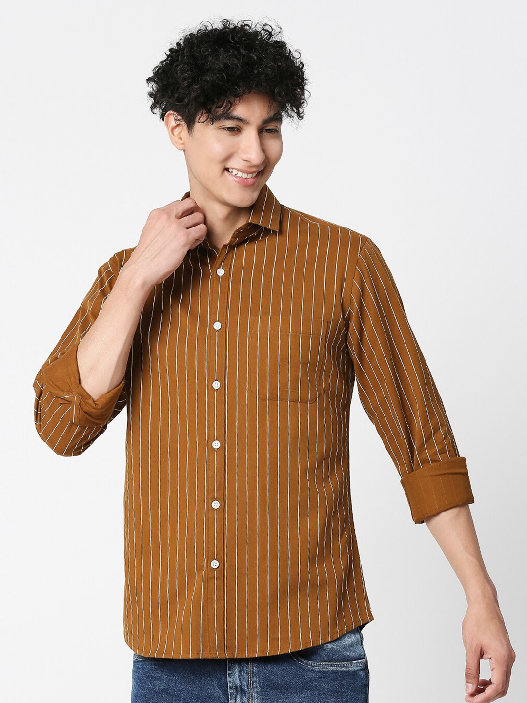 

VALEN CLUB Slim Fit Opaque Striped Pure Cotton Casual Shirt, Mustard