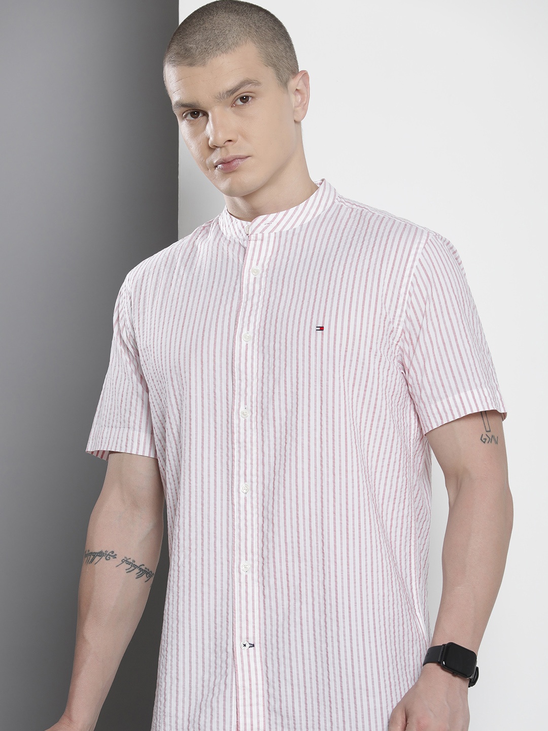 

Tommy Hilfiger Striped Band Collar Regular Fit Casual Shirt, Red