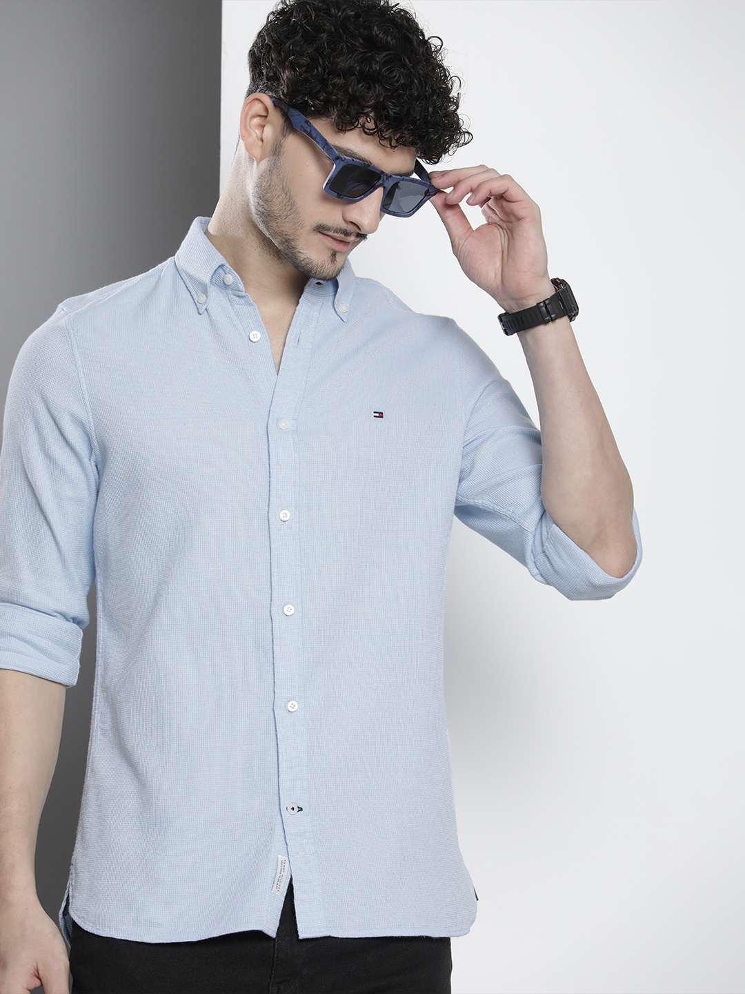 

Tommy Hilfiger Slim Fit Textured Pure Cotton Casual Shirt, Blue