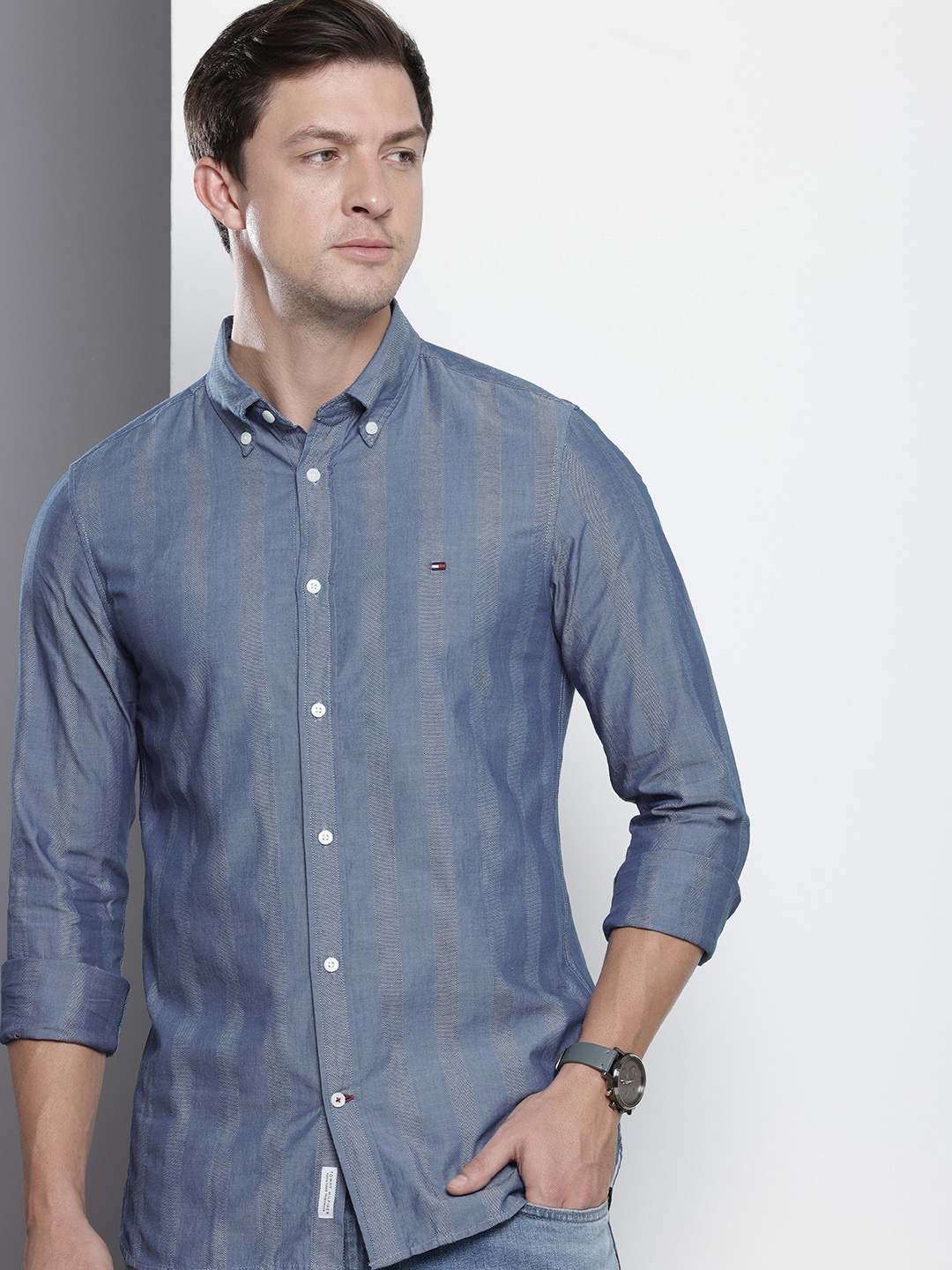 

Tommy Hilfiger Slim Fit Striped Pure Cotton Casual Shirt, Navy blue