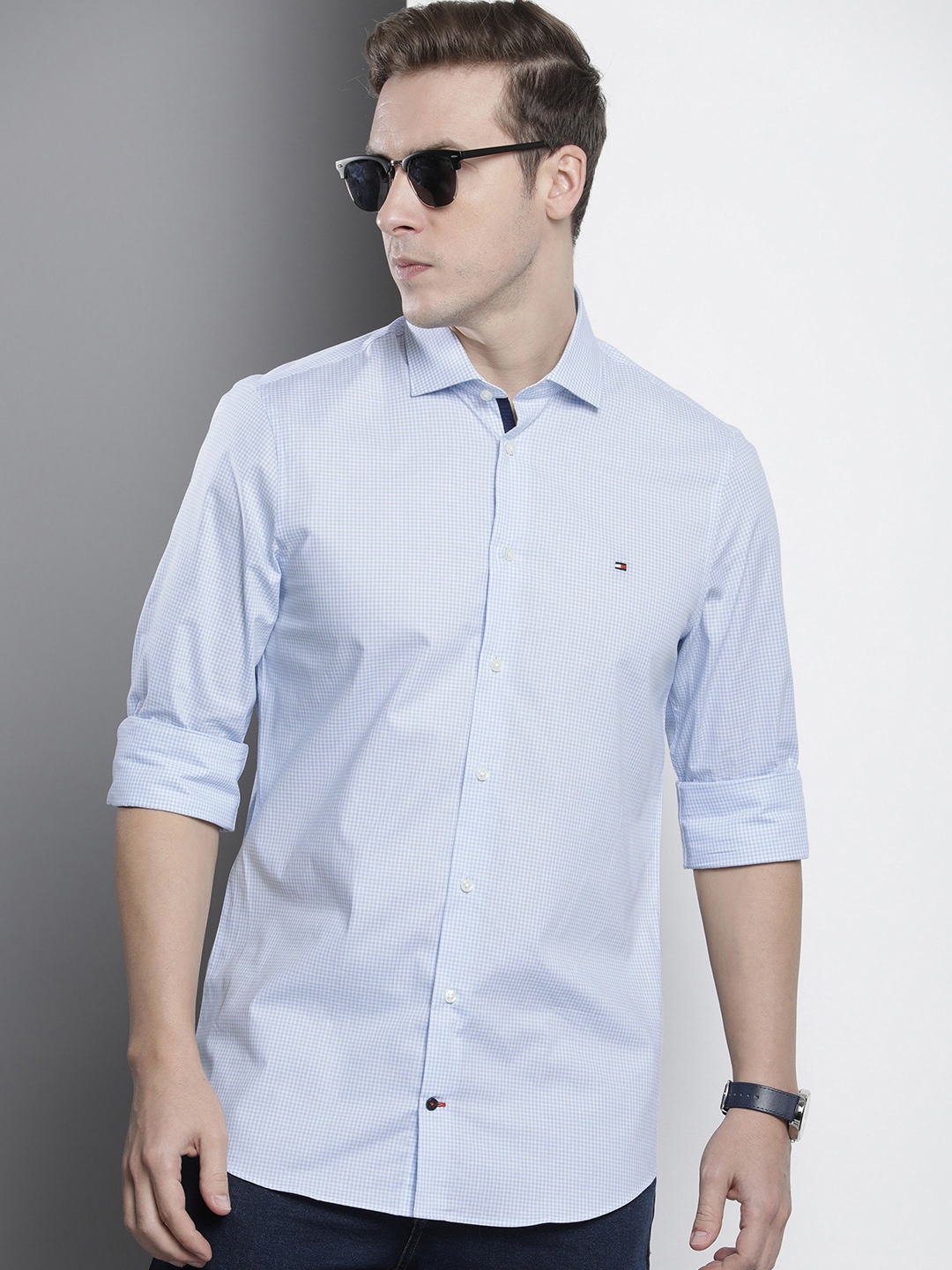 

Tommy Hilfiger Stretch Slim Fit Pure Cotton Checked Casual Shirt, Blue