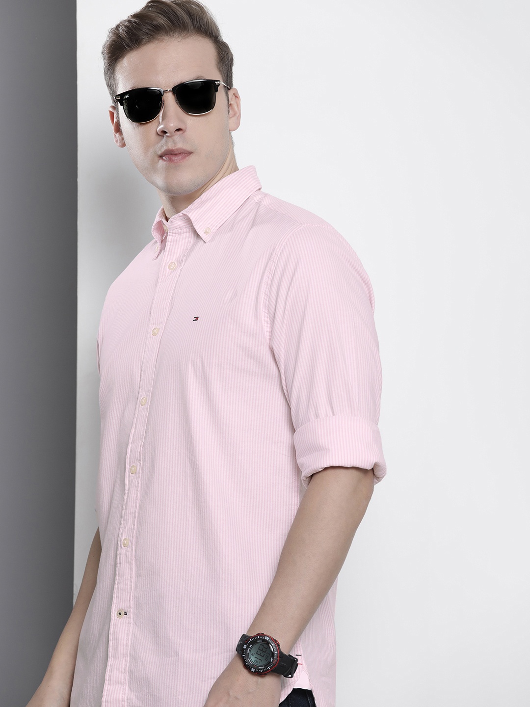 

Tommy Hilfiger Button-Down Collar Vertical Striped Casual Shirt, Pink