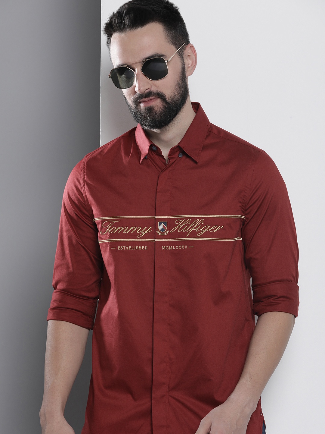 

Tommy Hilfiger Slim Fit Brand Logo Embroidered Casual Shirt, Maroon