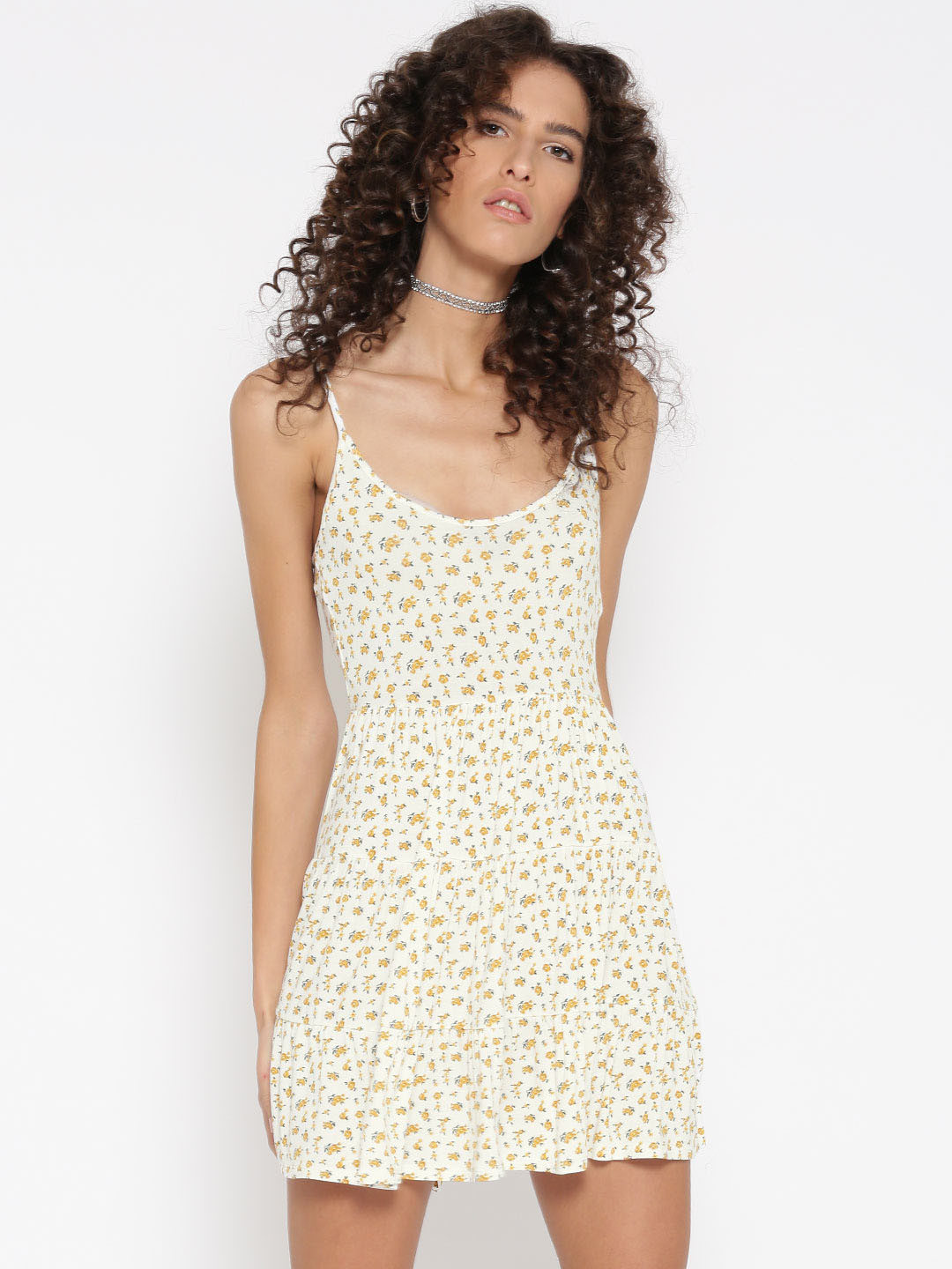 

FOREVER 21 Women White & Mustard Yellow Floral Print Fit & Flare Dress