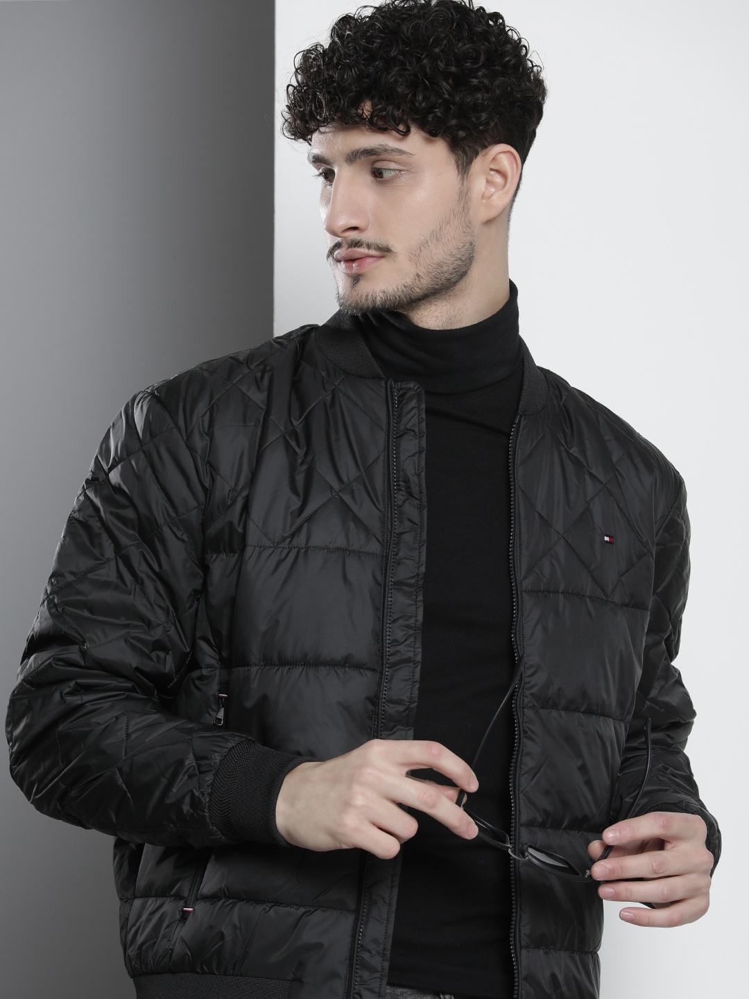 

Tommy Hilfiger Solid Mandarin Collar Bomber Jacket, Black