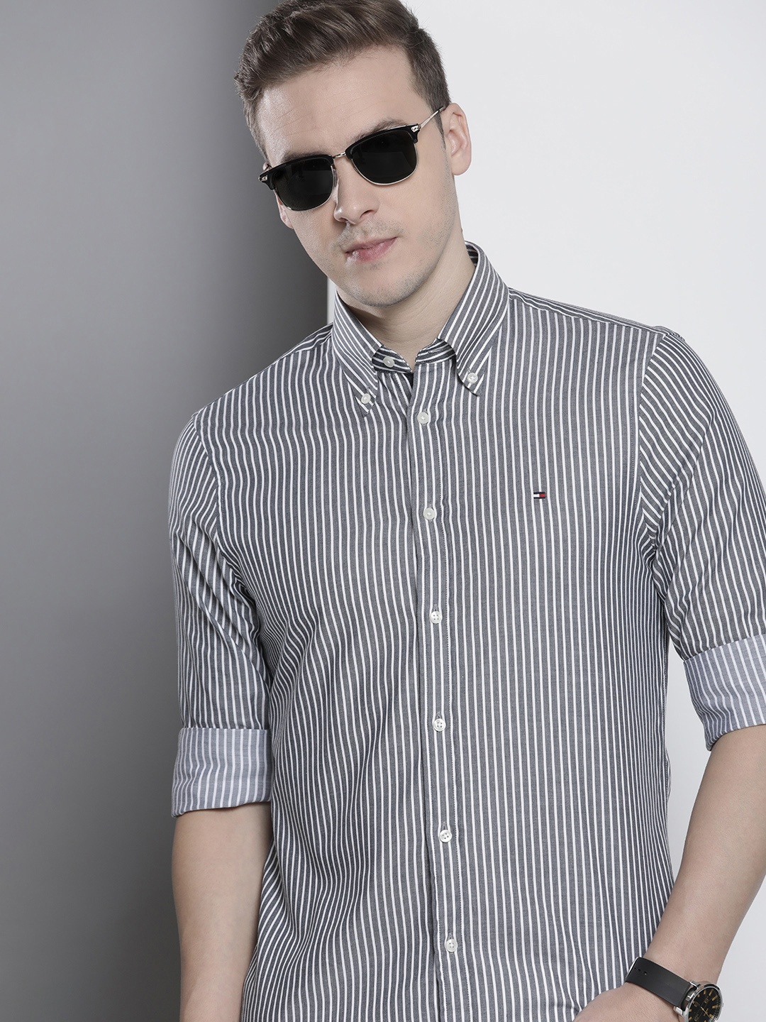 

Tommy Hilfiger Pure Cotton Slim Fit Striped Casual Shirt, Grey