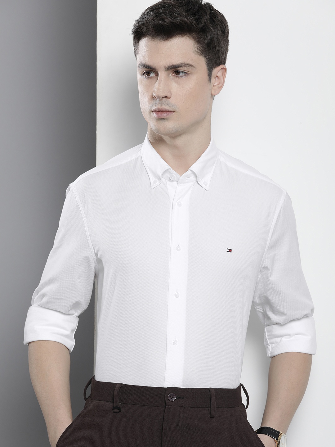 

Tommy Hilfiger Self Design Textured Pure Cotton Semiformal Shirt, White