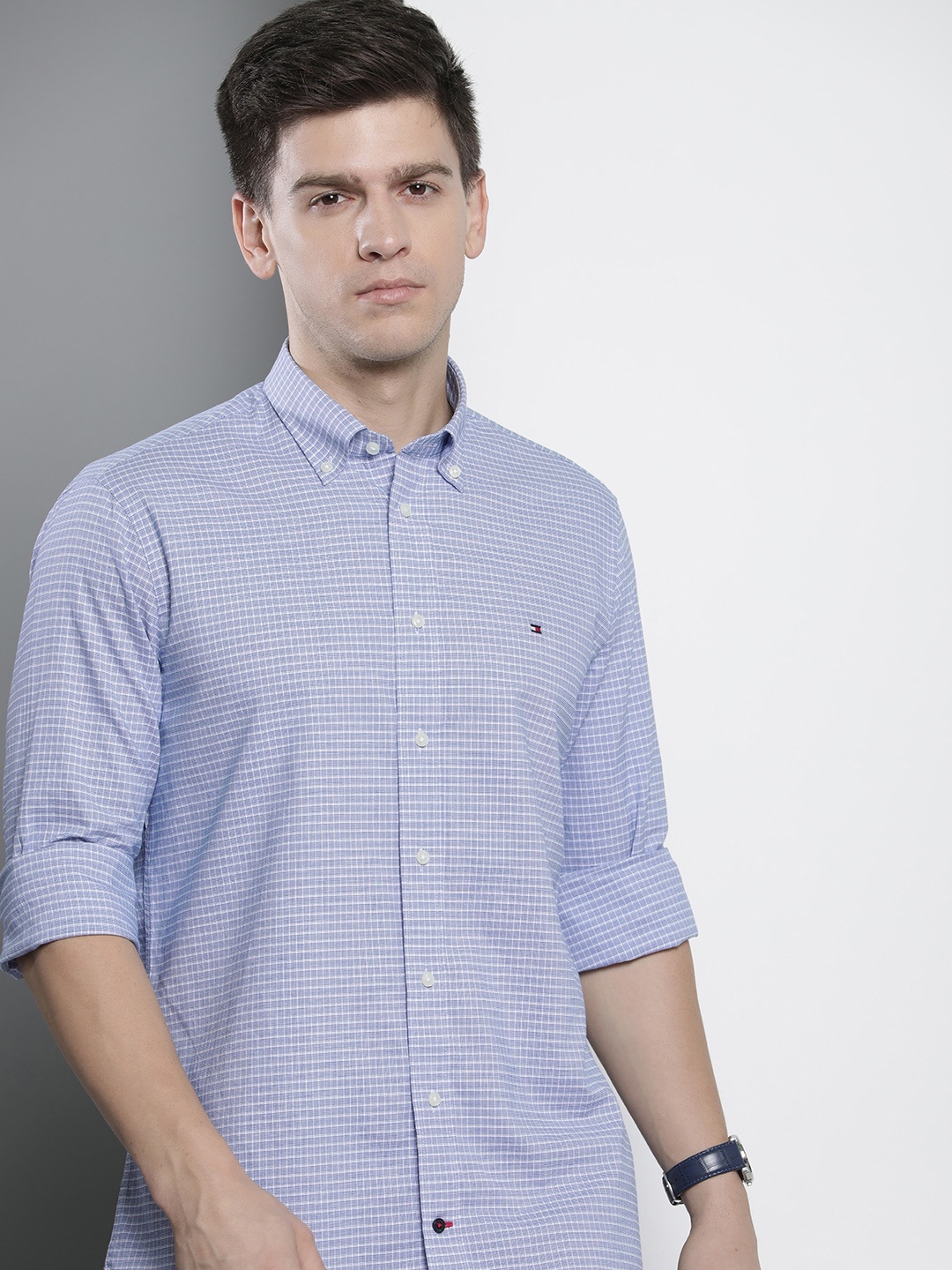 

Tommy Hilfiger Pure Cotton Micro Checks Button-Down Collar Casual Shirt, Blue