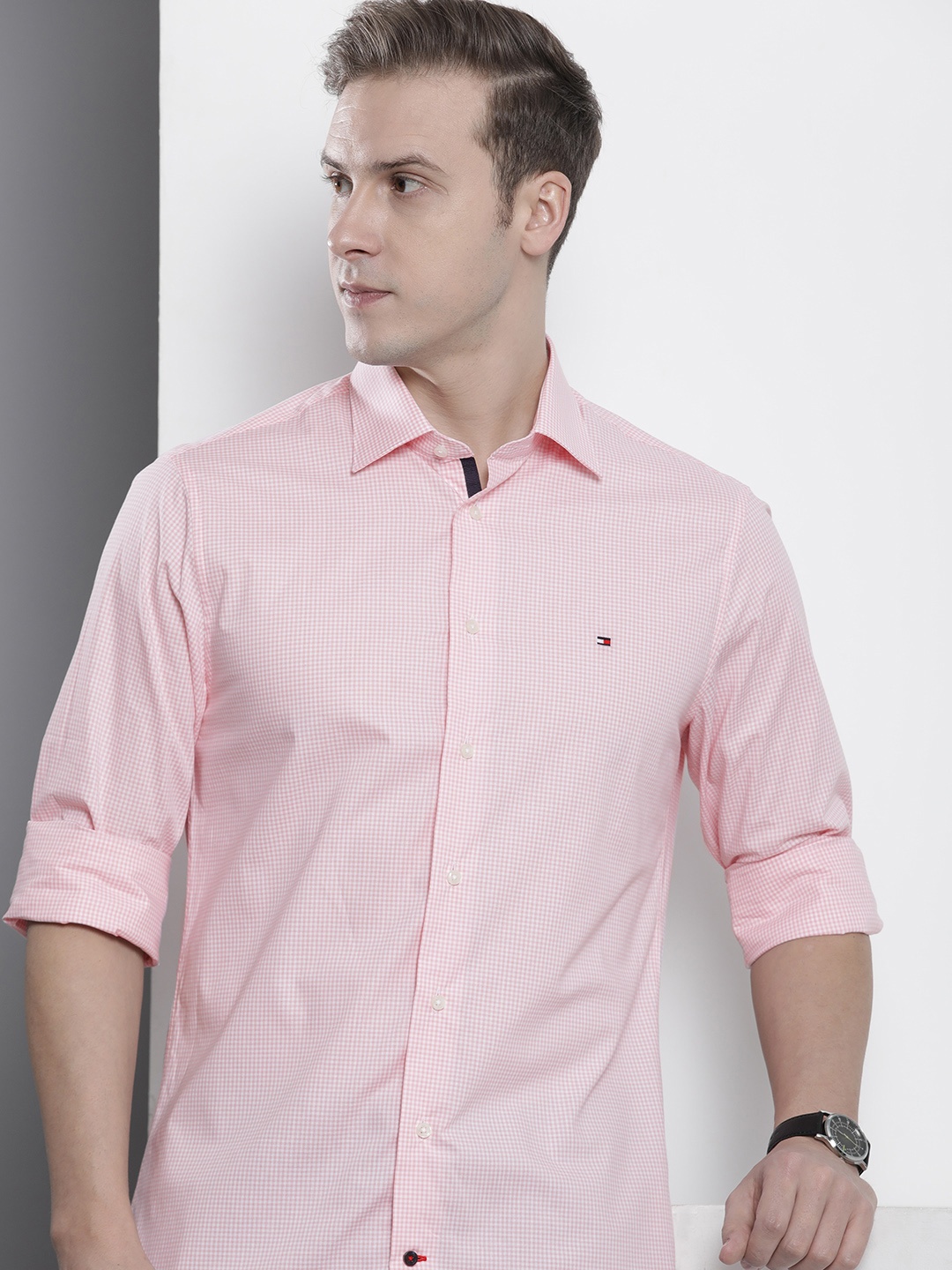 

Tommy Hilfiger Micro Checks Pure Cotton Casual Shirt, Pink