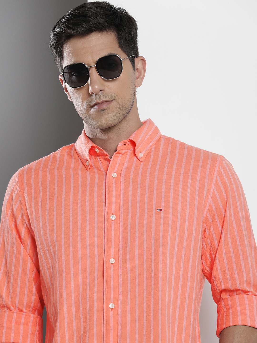 

Tommy Hilfiger Striped Regular Fit Casual Shirt, Coral