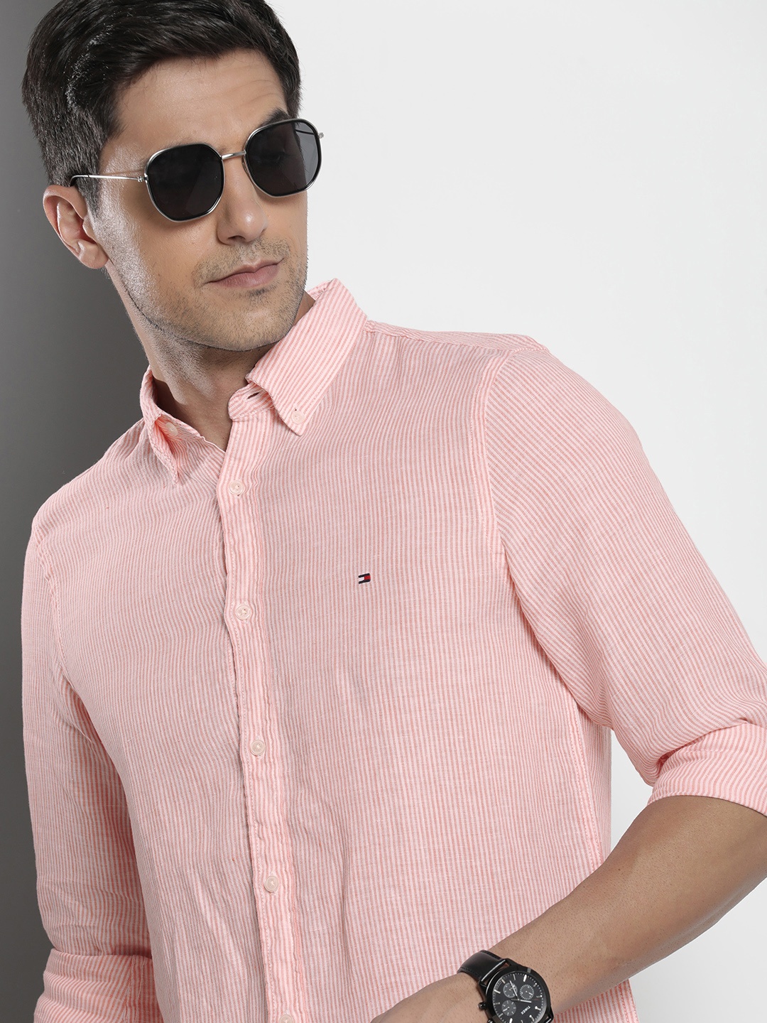

Tommy Hilfiger Slim Fit Pinstriped Pure Linen Casual Shirt, Peach