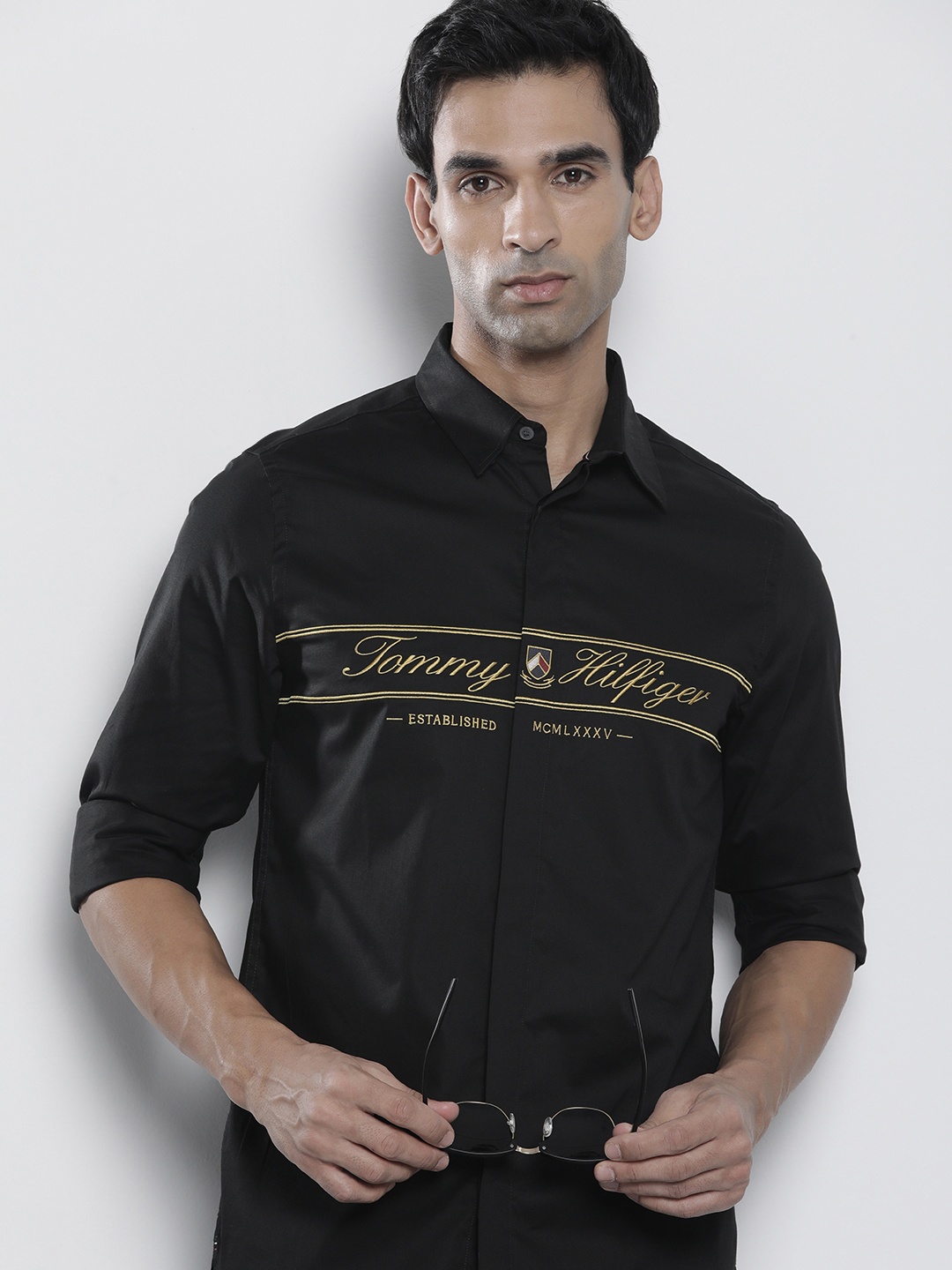 

Tommy Hilfiger Slim Fit Brand Logo Embroidered Casual Shirt, Black