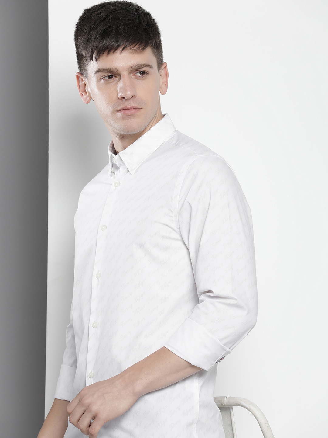 

Tommy Hilfiger Slim Fit Brand Logo Printed Casual Shirt, White