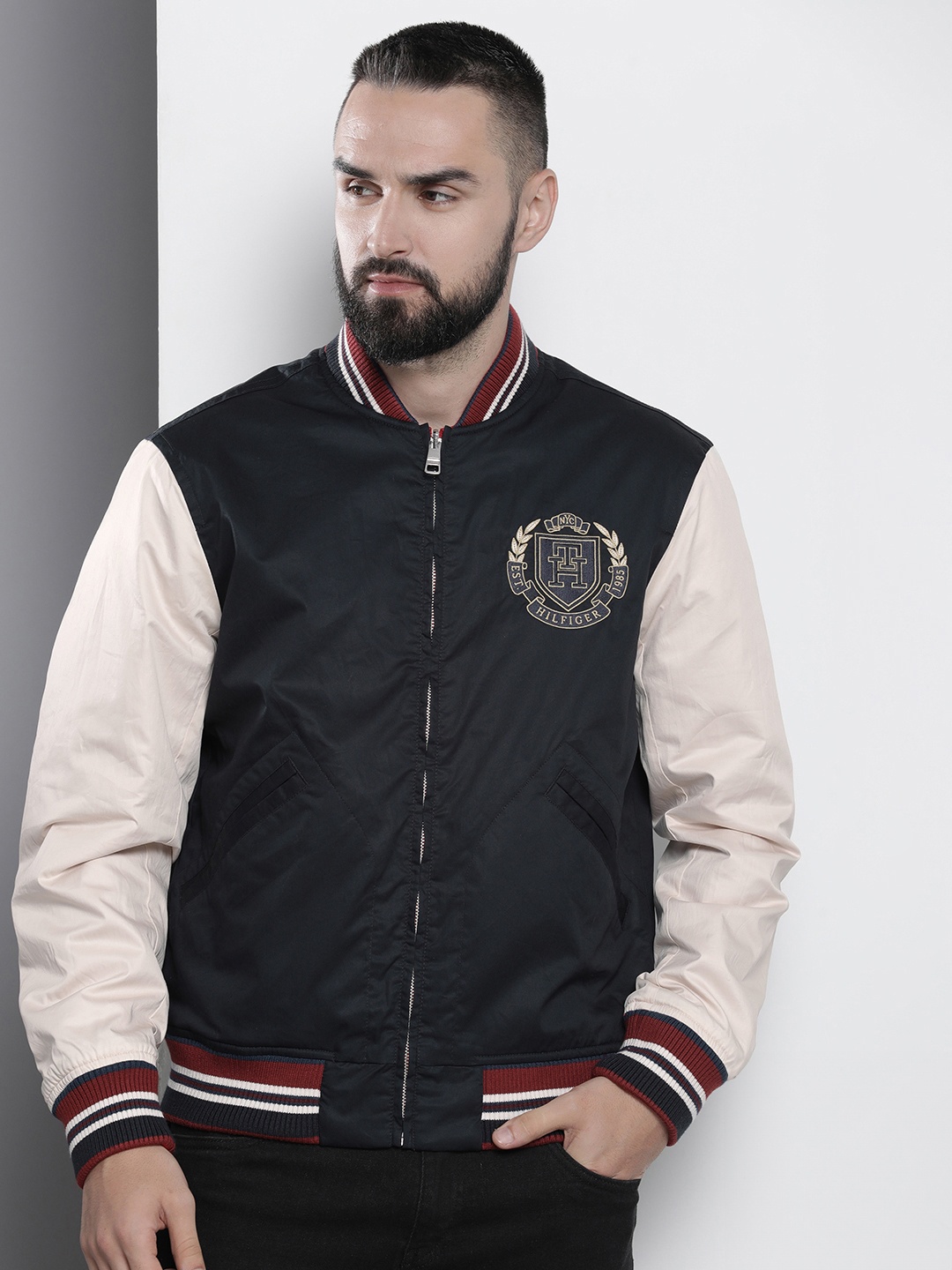 Tommy Hilfiger Brand Logo Embroidered Reversible Bomber Jacket, Navy blue
