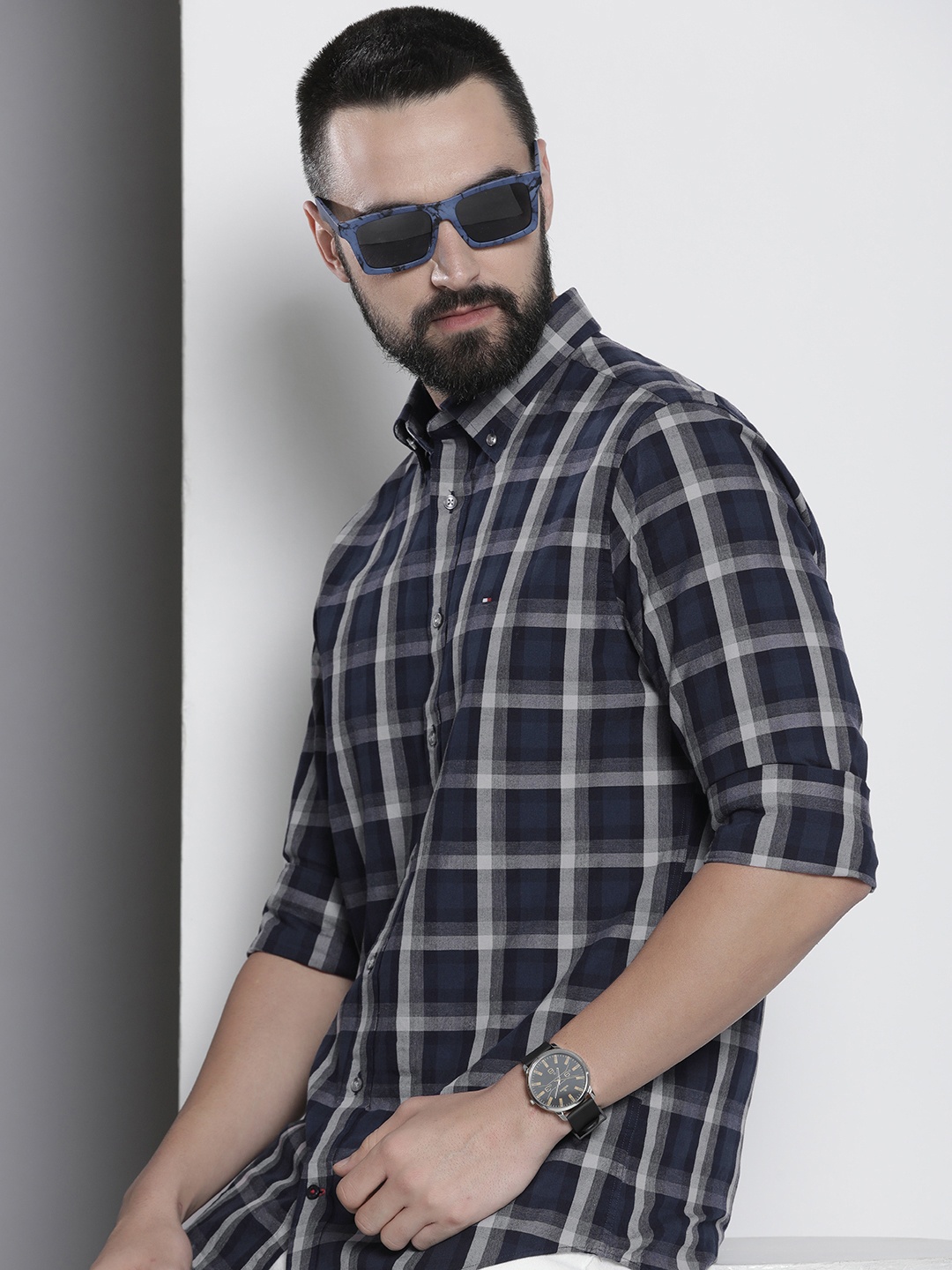 

Tommy Hilfiger Washed Pure Cotton Checked Casual Shirt, Navy blue