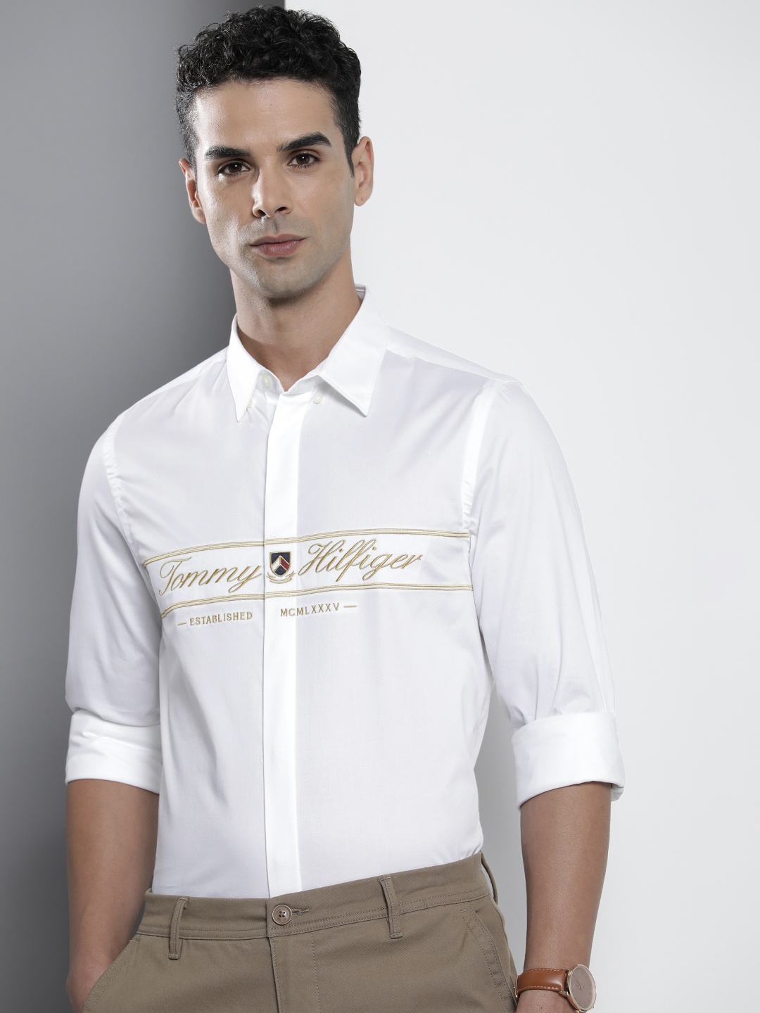 

Tommy Hilfiger Slim Fit Opaque Brand Logo Embroidered Casual Shirt, White