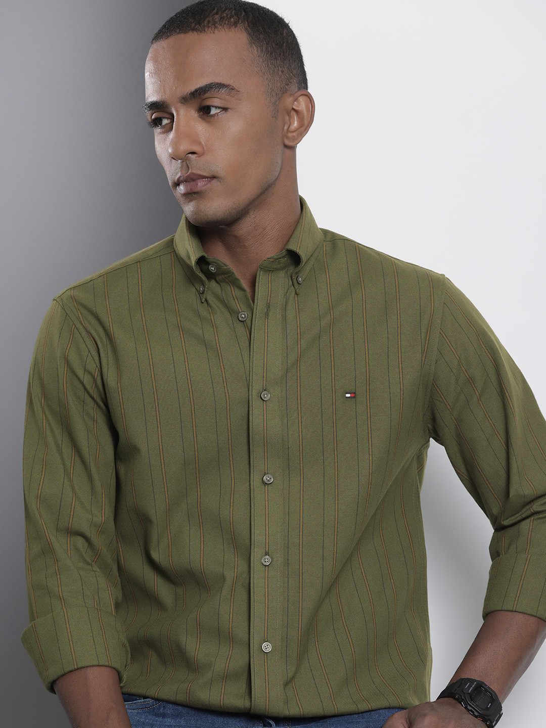 

Tommy Hilfiger Pure Cotton Opaque Striped Casual Shirt, Green