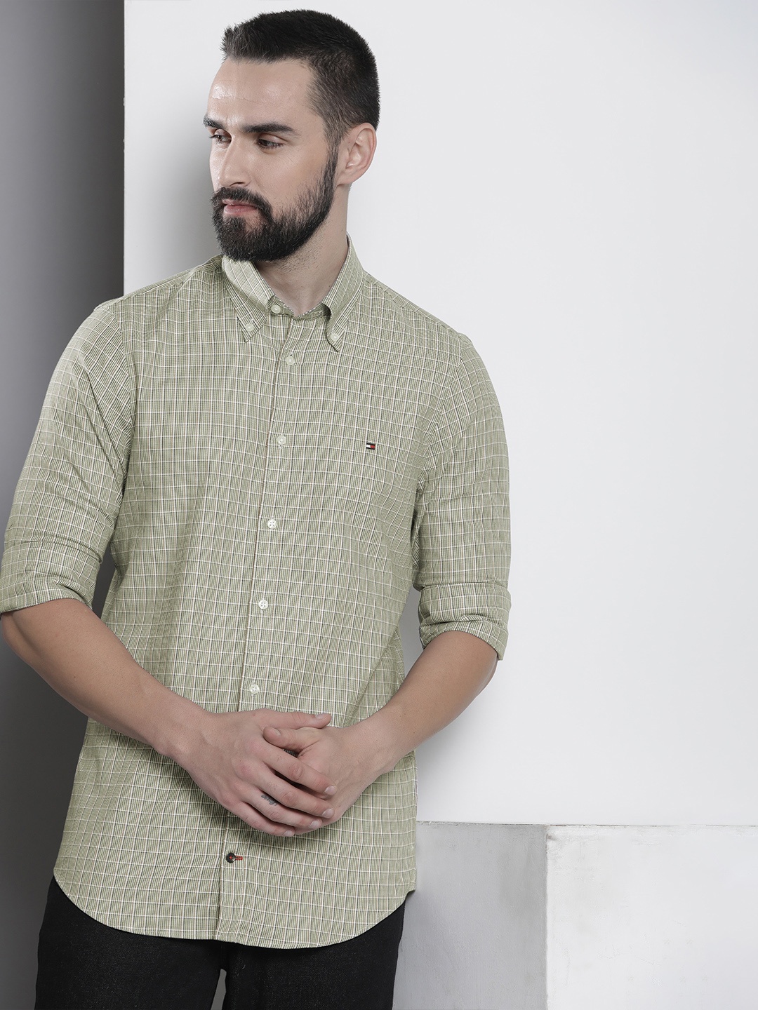 

Tommy Hilfiger Pure Cotton Slim Fit Checked Casual Shirt, Green