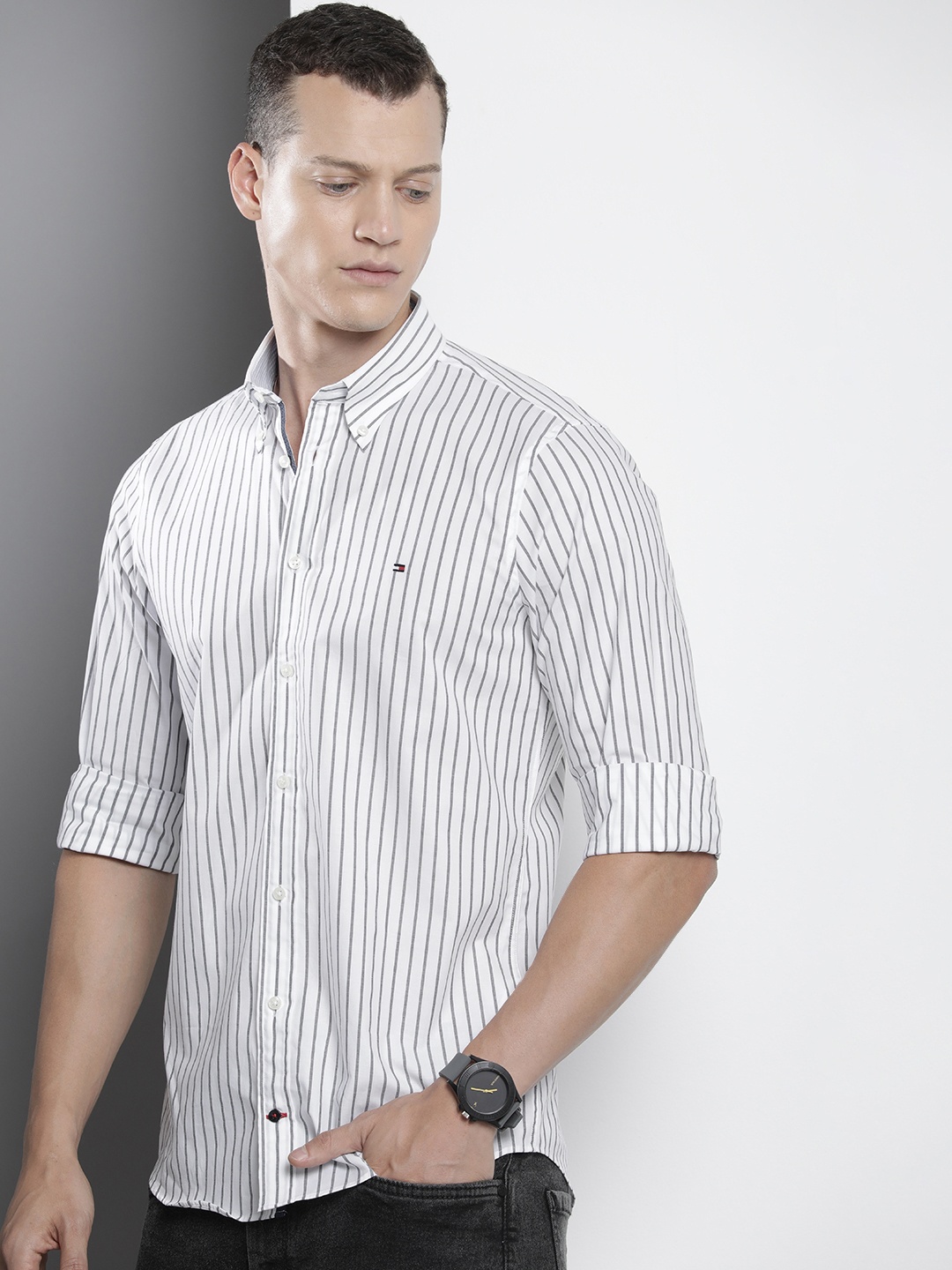 

Tommy Hilfiger Stretch Slim Fit Pure Cotton Striped Casual Shirt, Grey