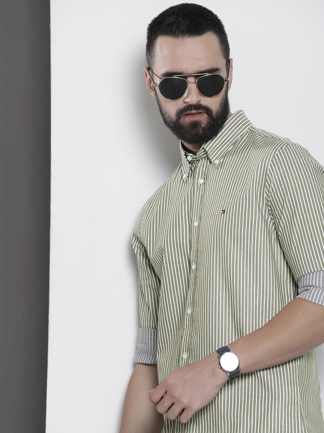 

Tommy Hilfiger Pure Cotton Slim Fit Striped Casual Shirt, Olive