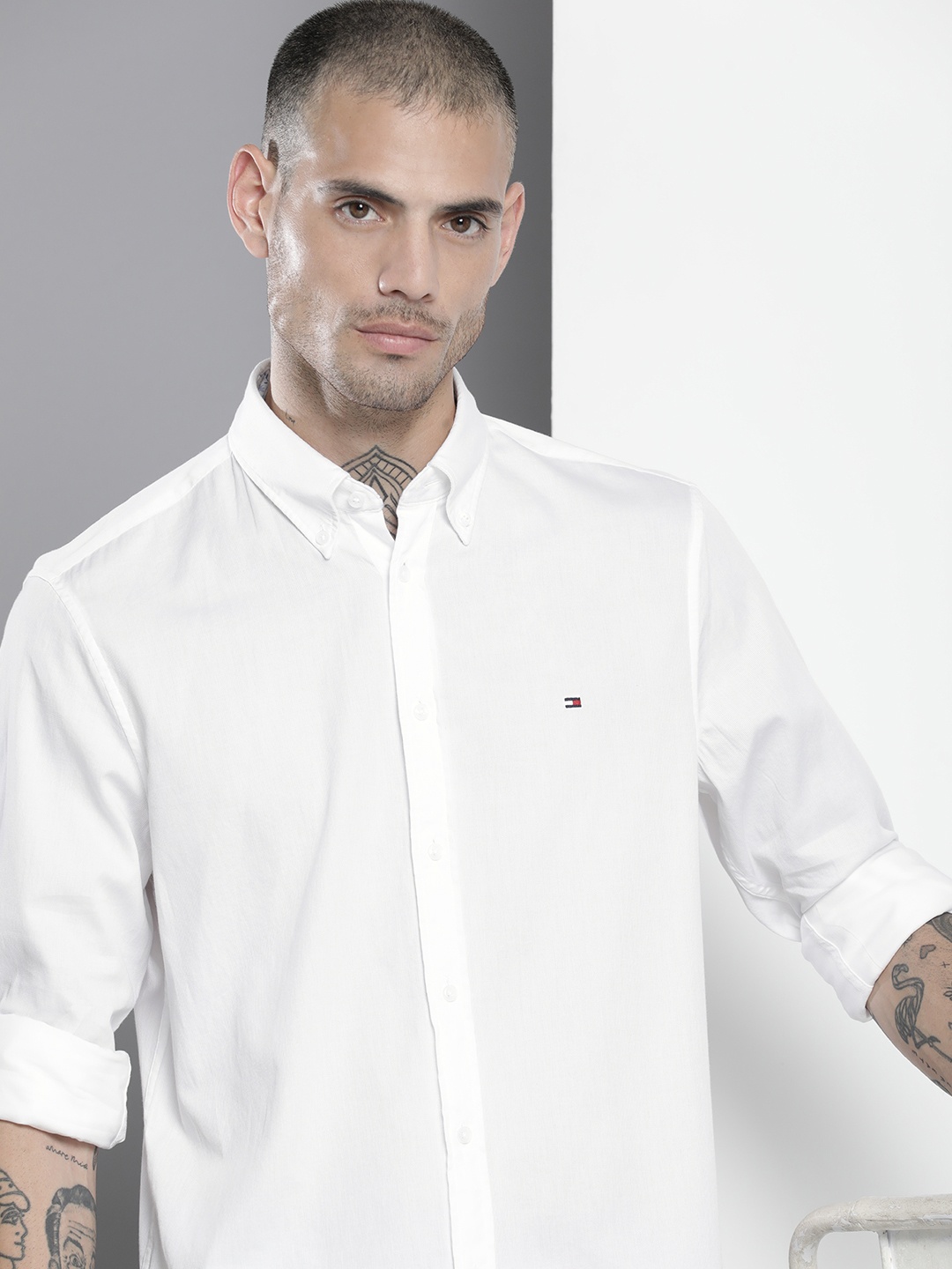 

Tommy Hilfiger Self Design Slim Fit Pure Cotton Casual Shirt, White