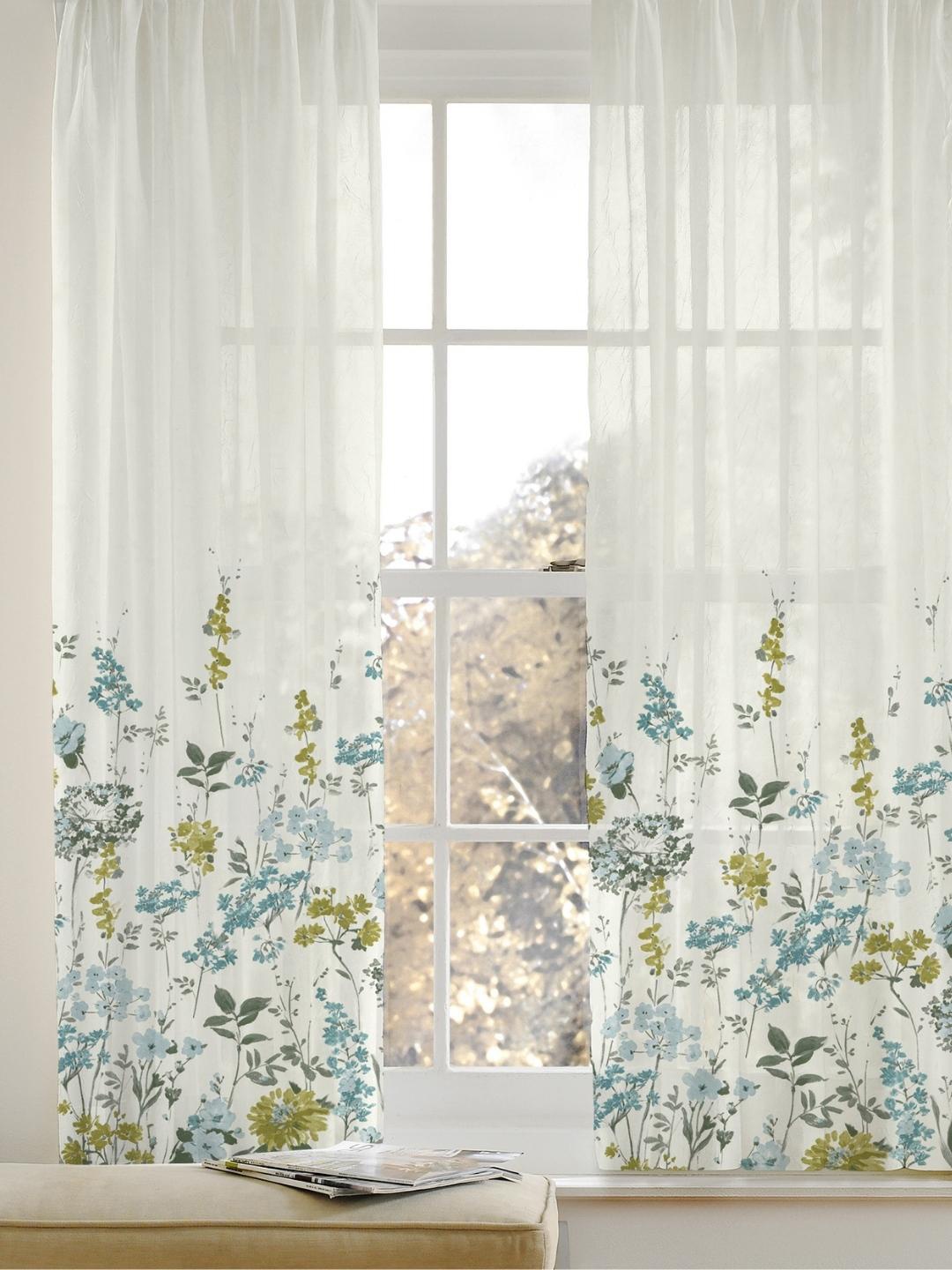 

haus & kinder White & Blue 2 Pieces Floral Linen Sheer Door Curtains
