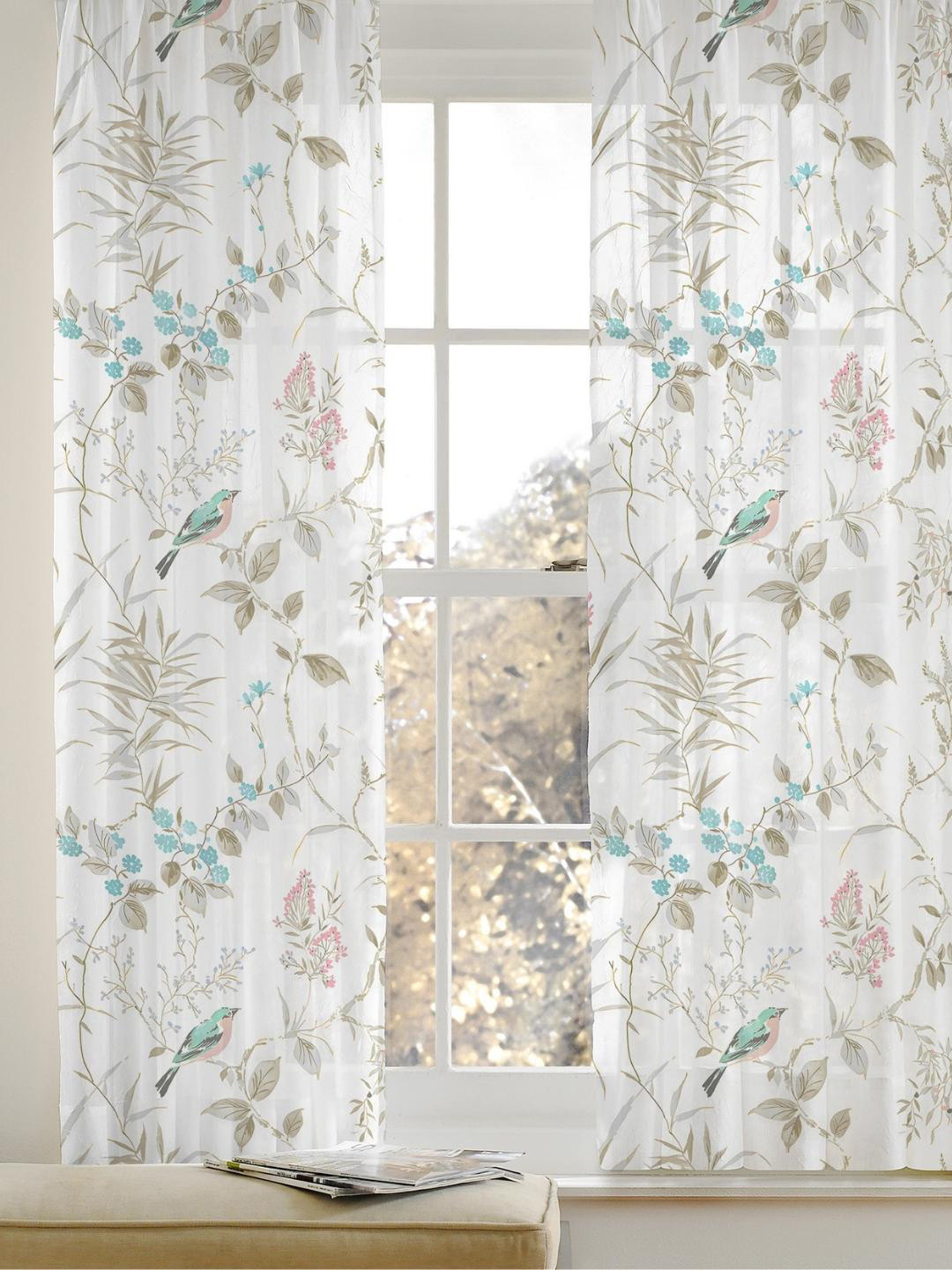 

haus & kinder Grey & Cream-Coloured 2 Pieces Floral Linen Sheer Window Curtains