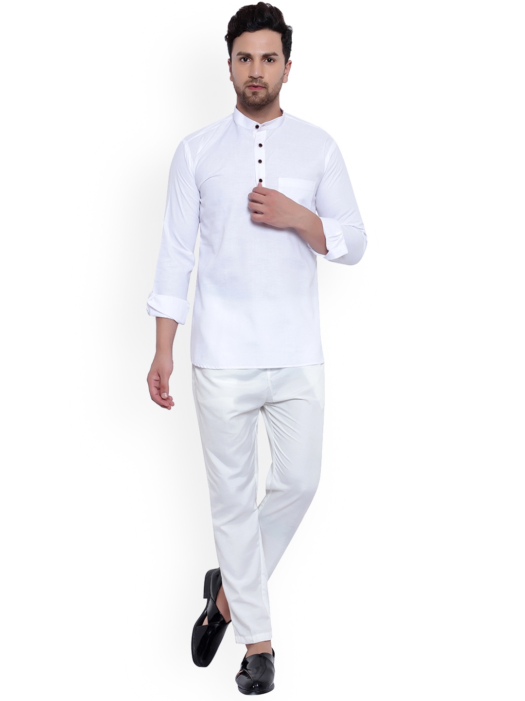 

ONNIX Mandarin Collar Short Kurta With Pyjamas, White