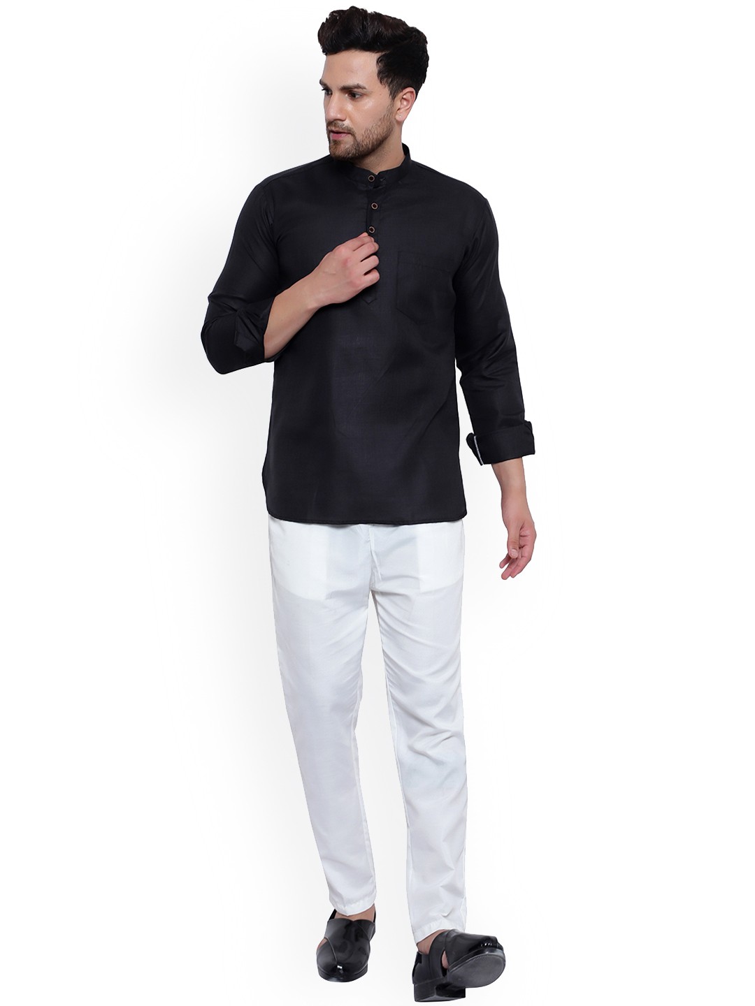 

ONNIX Mandarin Collar Regular Straight Kurta With Trousers, Black