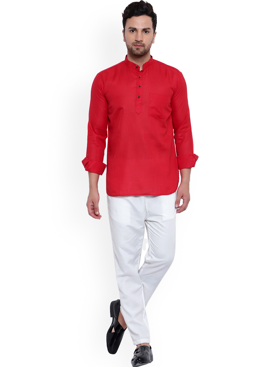 

ONNIX Band Collar Straight Kurta With Pyjamas, Red