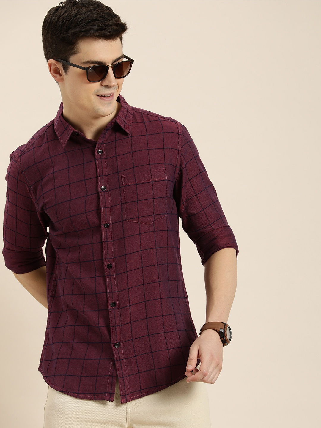 

HERE&NOW Men Slim Fit Windowpane Checked Casual Shirt, Maroon