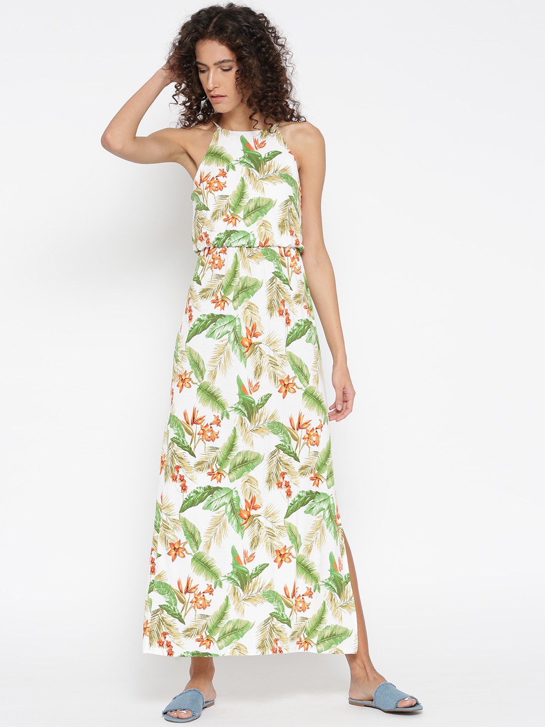 

FOREVER 21 Women White & Green Printed Maxi Dress